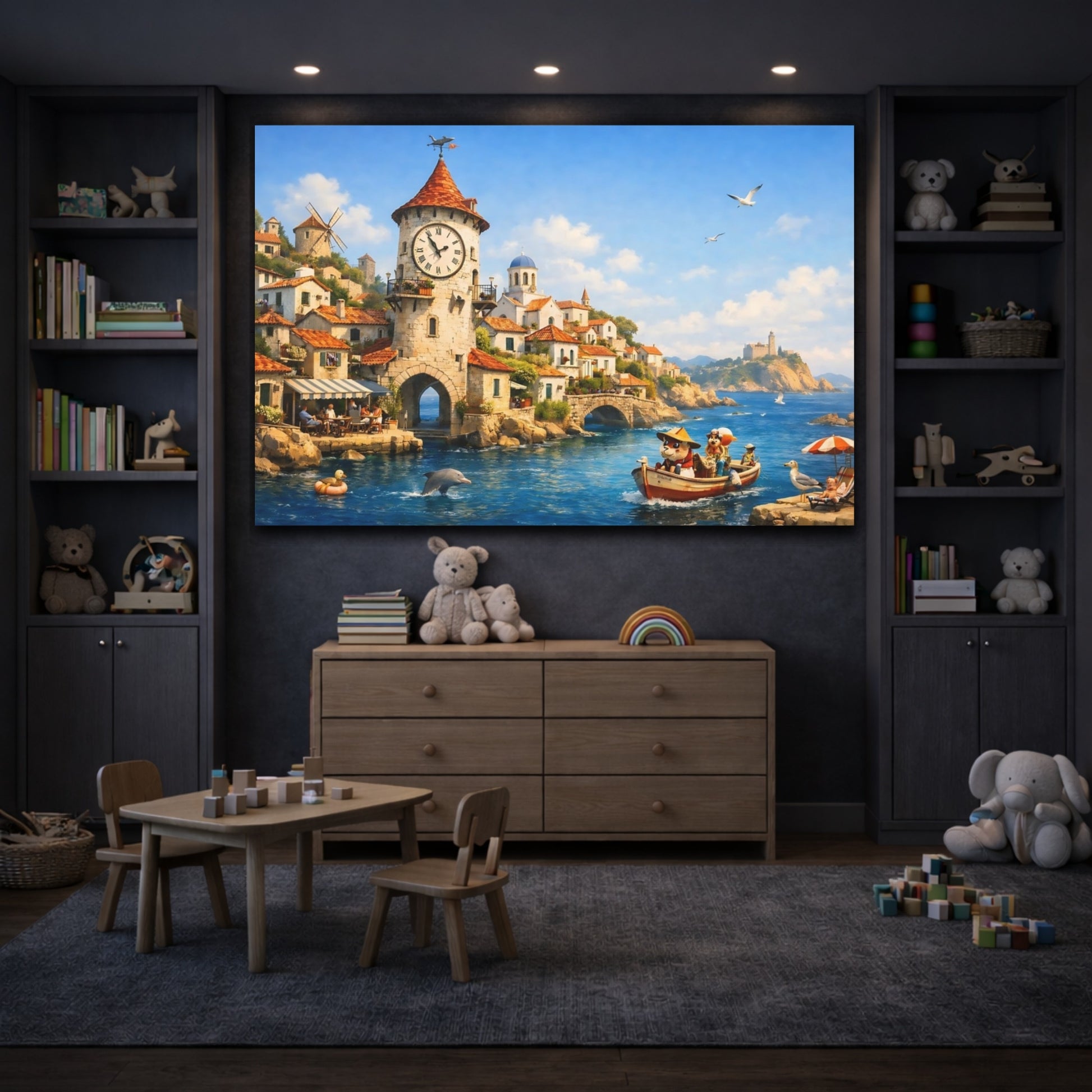 Fairytale Coastal Town Blue Coastal Village shown as front canvas room wall art