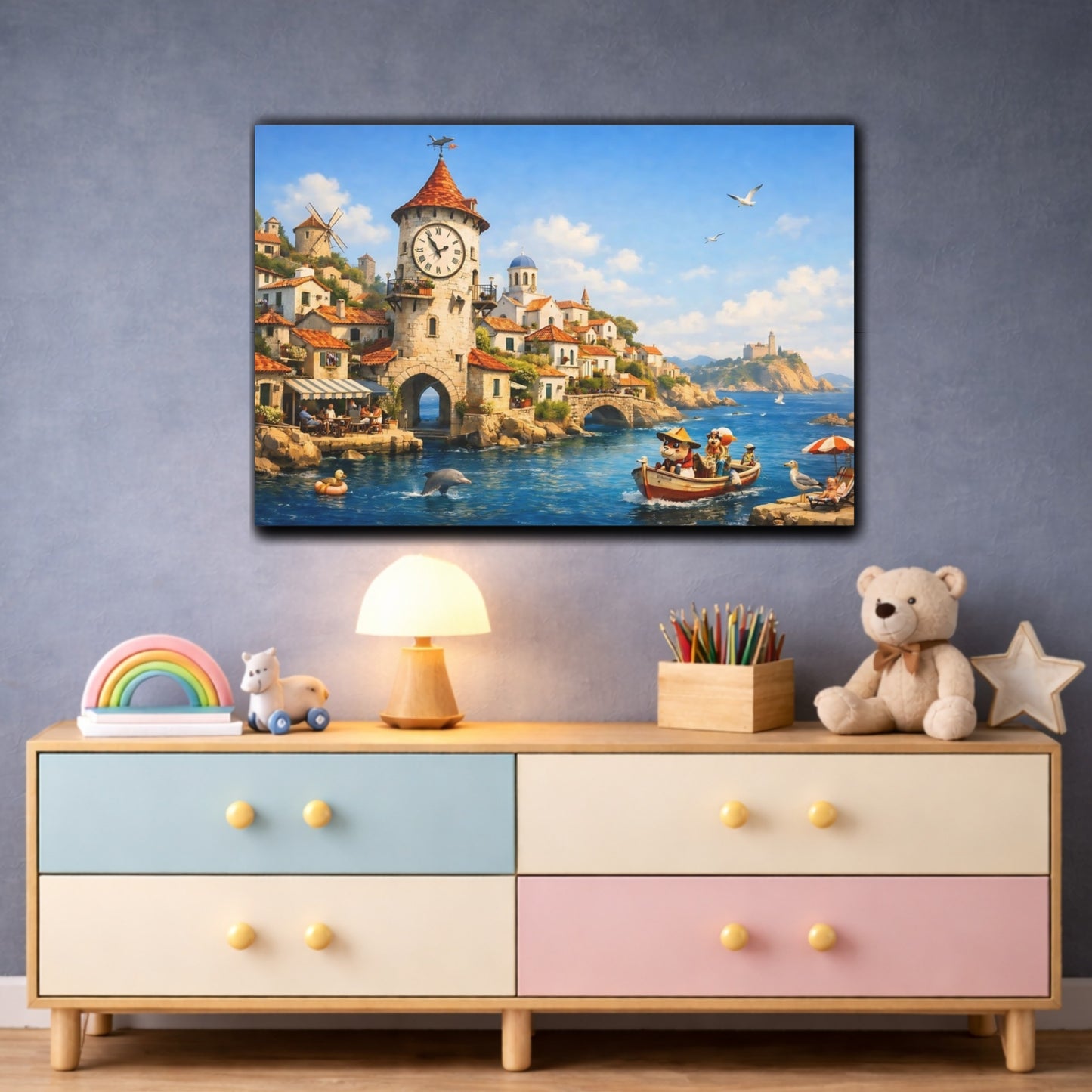 Fairytale Coastal Town Blue Coastal Village shown as front canvas room wall art