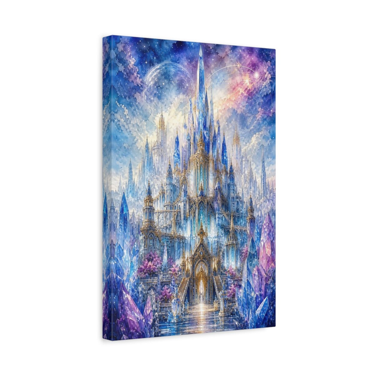 Fairytale Crystal Castle Blue And Purple Canvas Wall Art Print – Fantasy Living Room, Large - YesArtYes