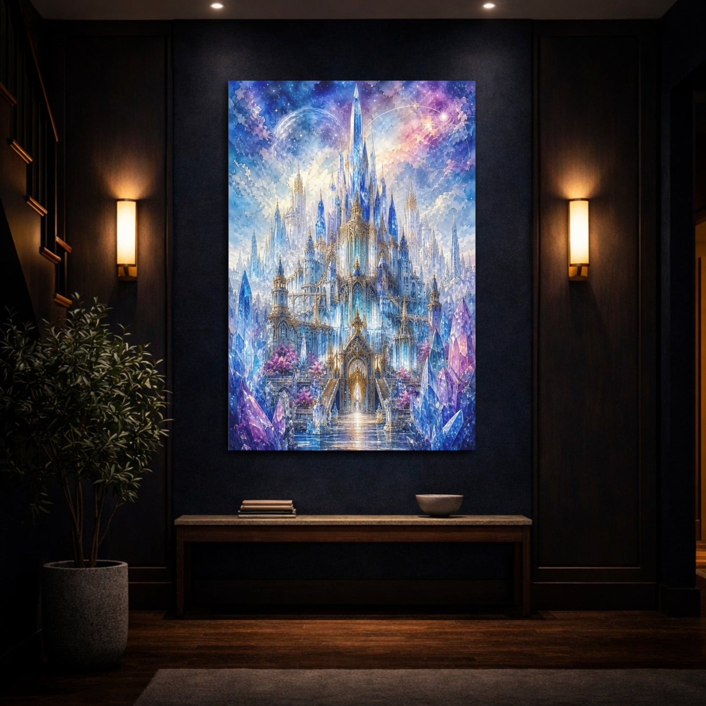 Fairytale Crystal Castle Blue And Purple Canvas Wall Art Print – Fantasy Living Room, Large - YesArtYes