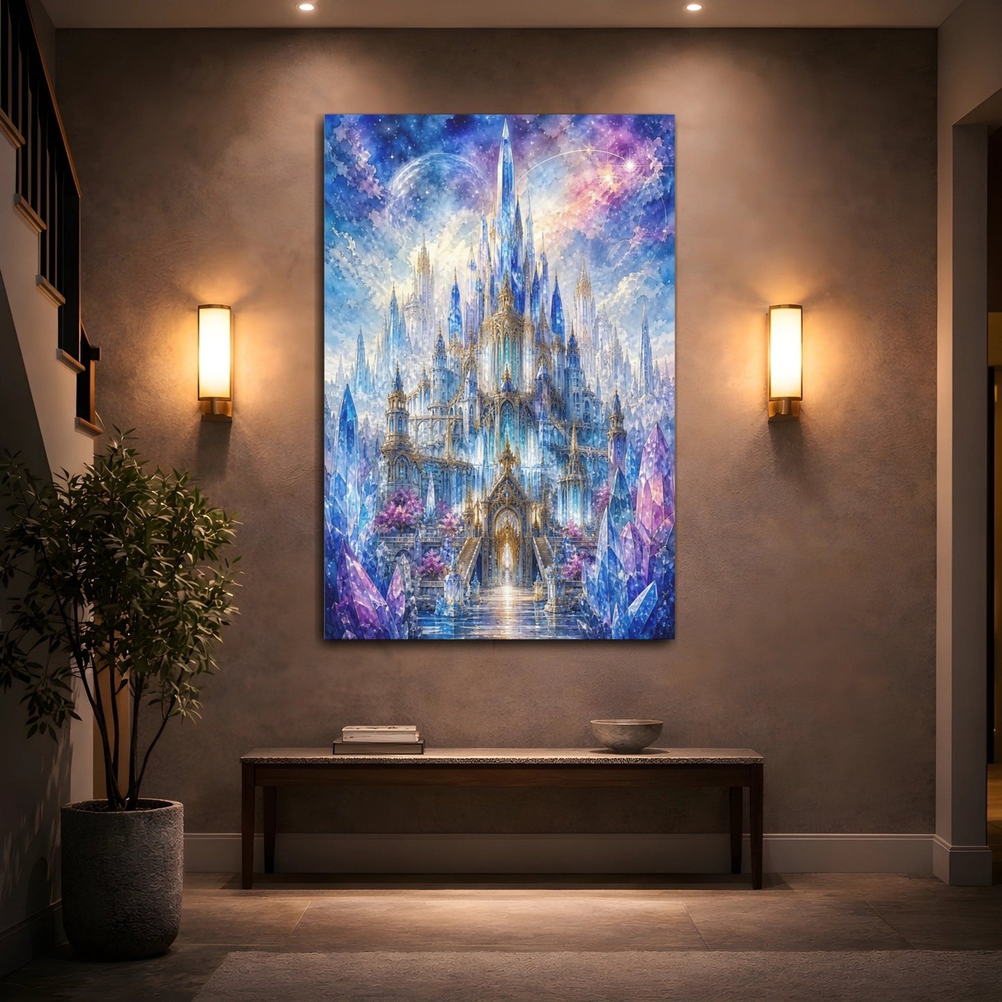 Fairytale Crystal Castle Blue And Purple Canvas Wall Art Print – Fantasy Living Room, Large - YesArtYes