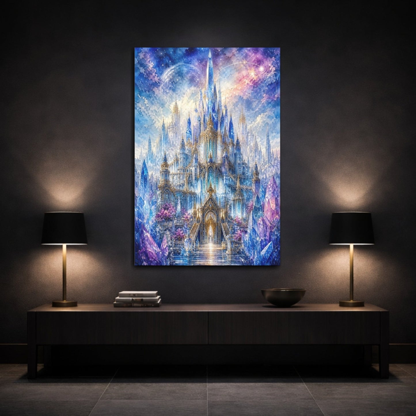 Fairytale Crystal Castle Blue And Purple Canvas Wall Art Print – Fantasy Living Room, Large - YesArtYes