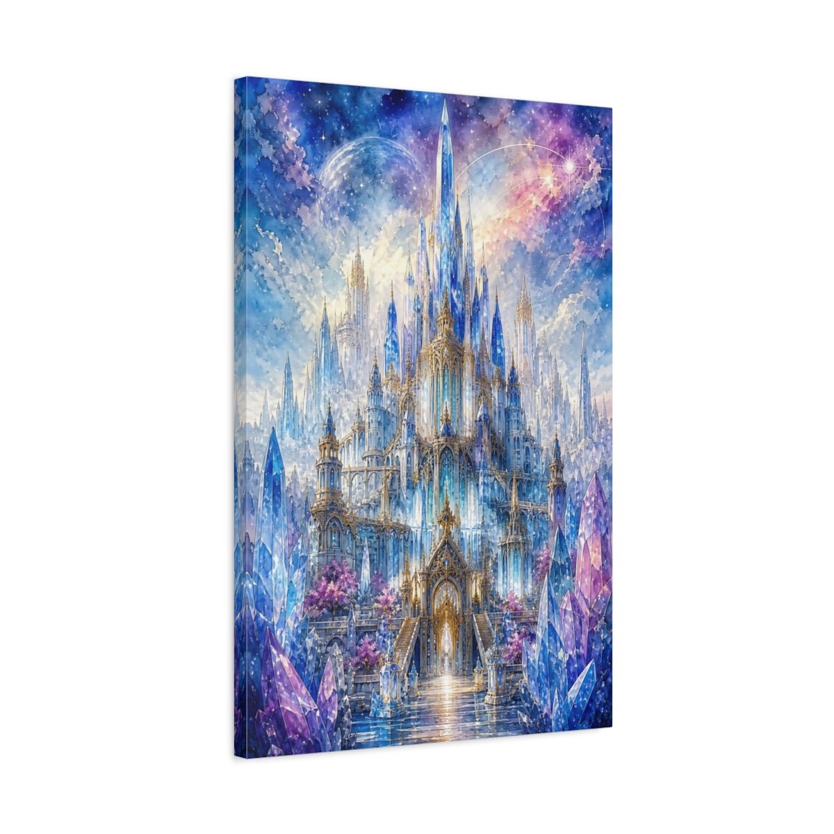 Fairytale Crystal Castle Blue And Purple Canvas Wall Art Print – Fantasy Living Room, Large - YesArtYes