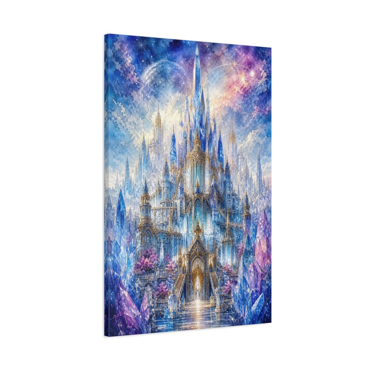 Fairytale Crystal Castle Blue And Purple Canvas Wall Art Print – Fantasy Living Room, Large - YesArtYes