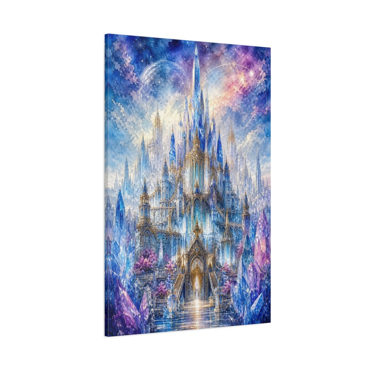 Fairytale Crystal Castle Blue And Purple Canvas Wall Art Print – Fantasy Living Room, Large - YesArtYes