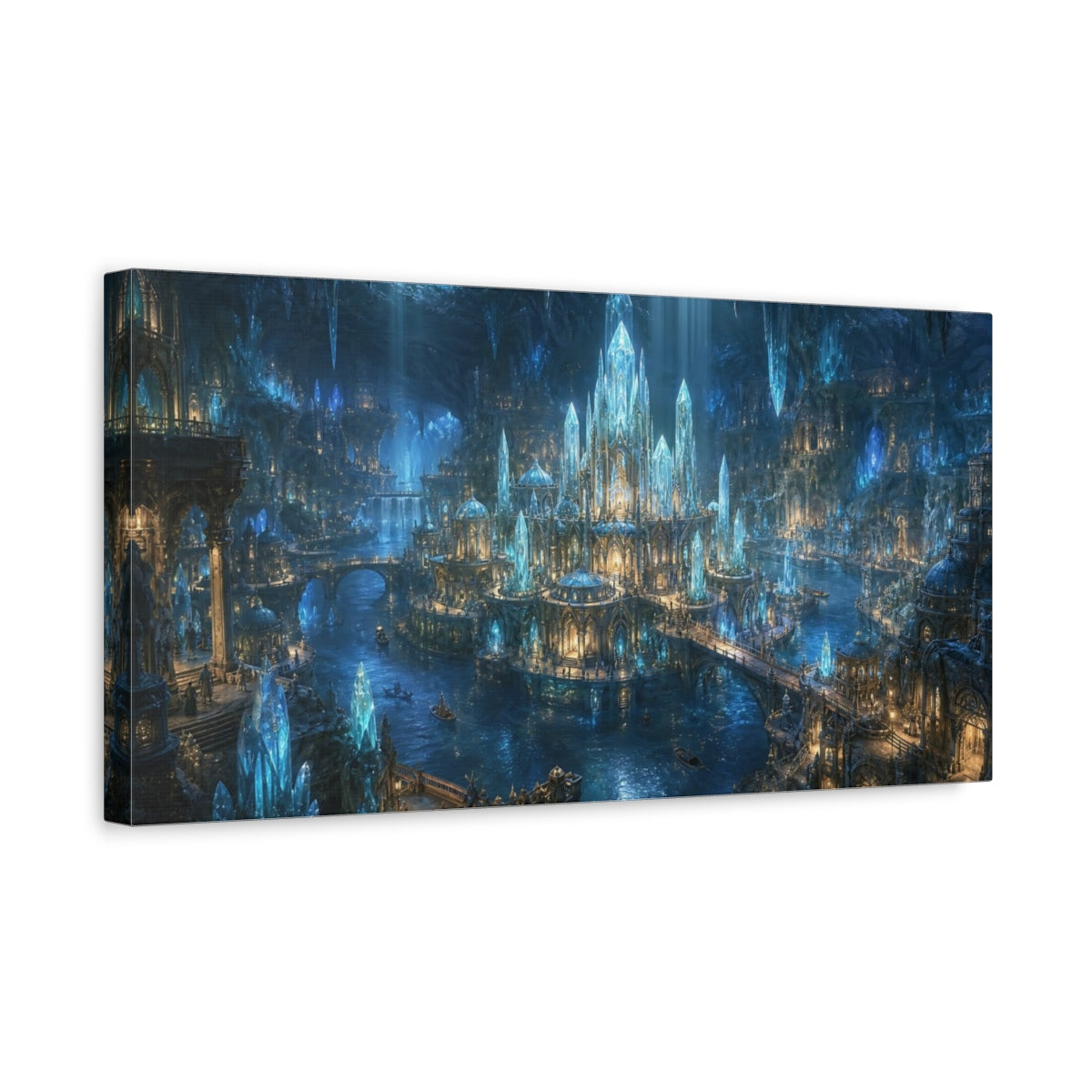 Side Mockup 3. Fairytale Crystal City Blue Crystal City shown as stretched canvas wall art