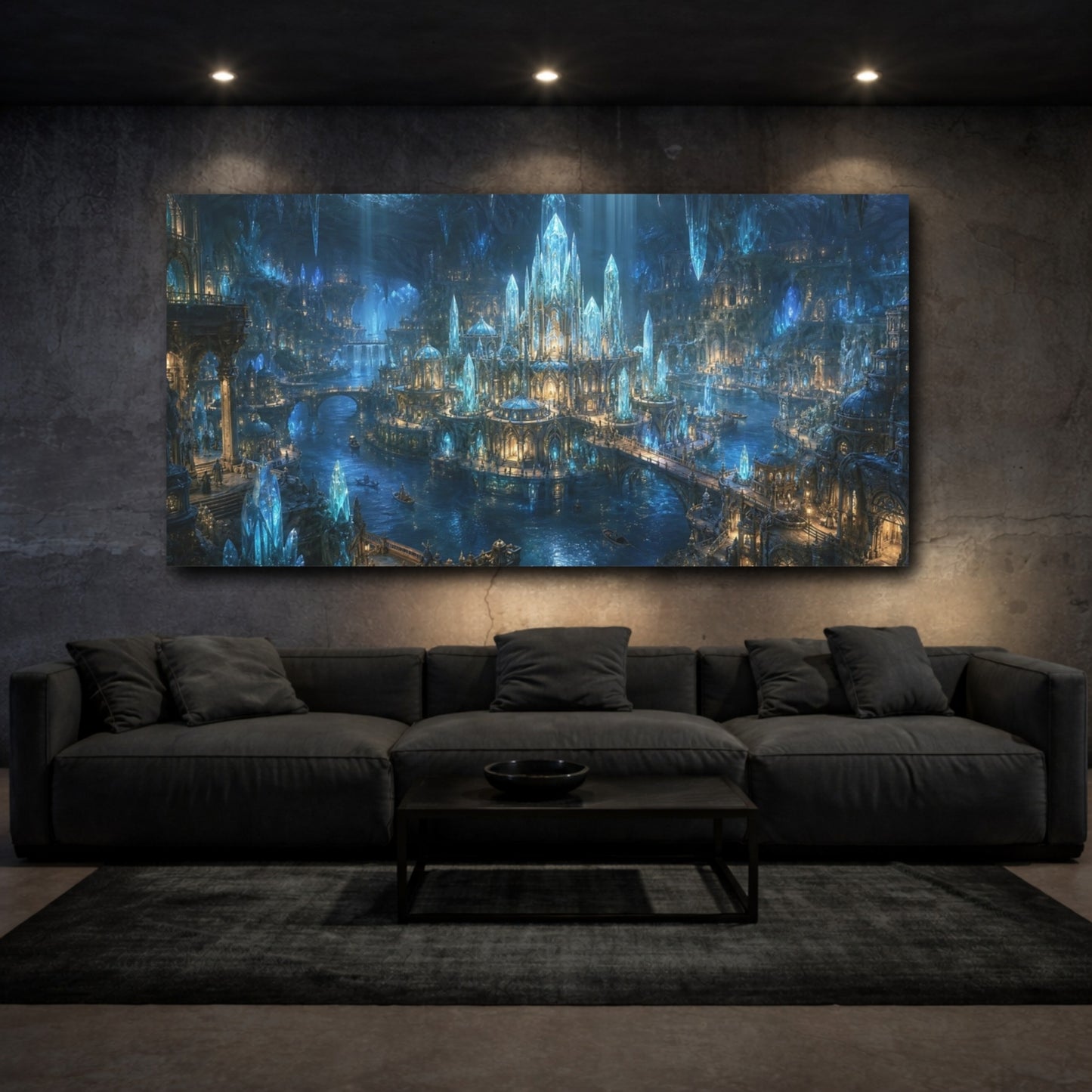 Mockup 2. Fairytale Crystal City Blue Crystal City shown as stretched canvas wall art