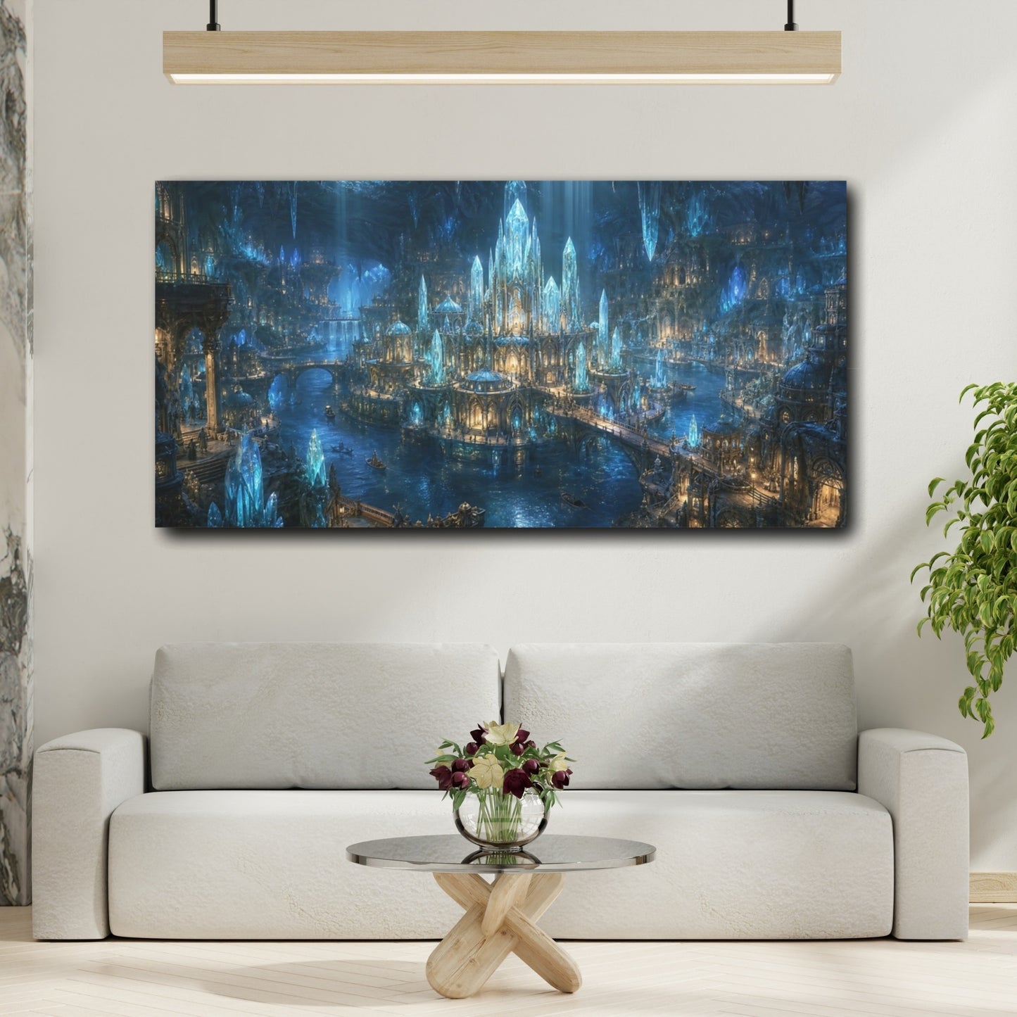 Mockup 3. Fairytale Crystal City Blue Crystal City shown as stretched canvas wall art
