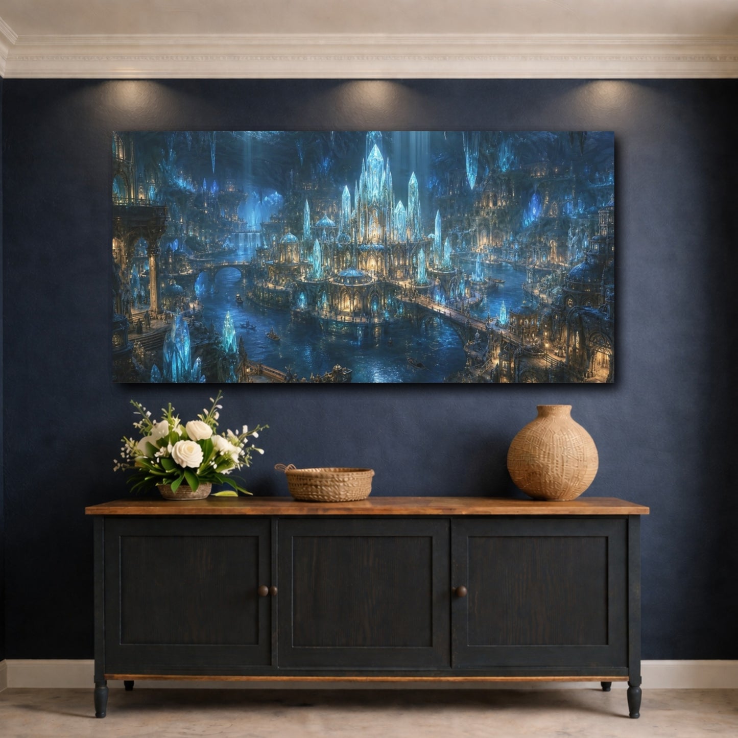 Mockup 4. Fairytale Crystal City Blue Crystal City shown as stretched canvas wall art
