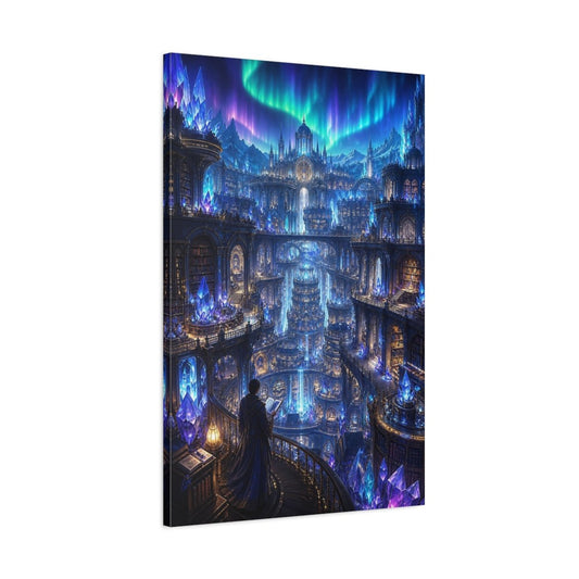Fairytale Crystal City Blue Purple Canvas Print – Fantasy Living Room, Above Fireplace - YesArtYes