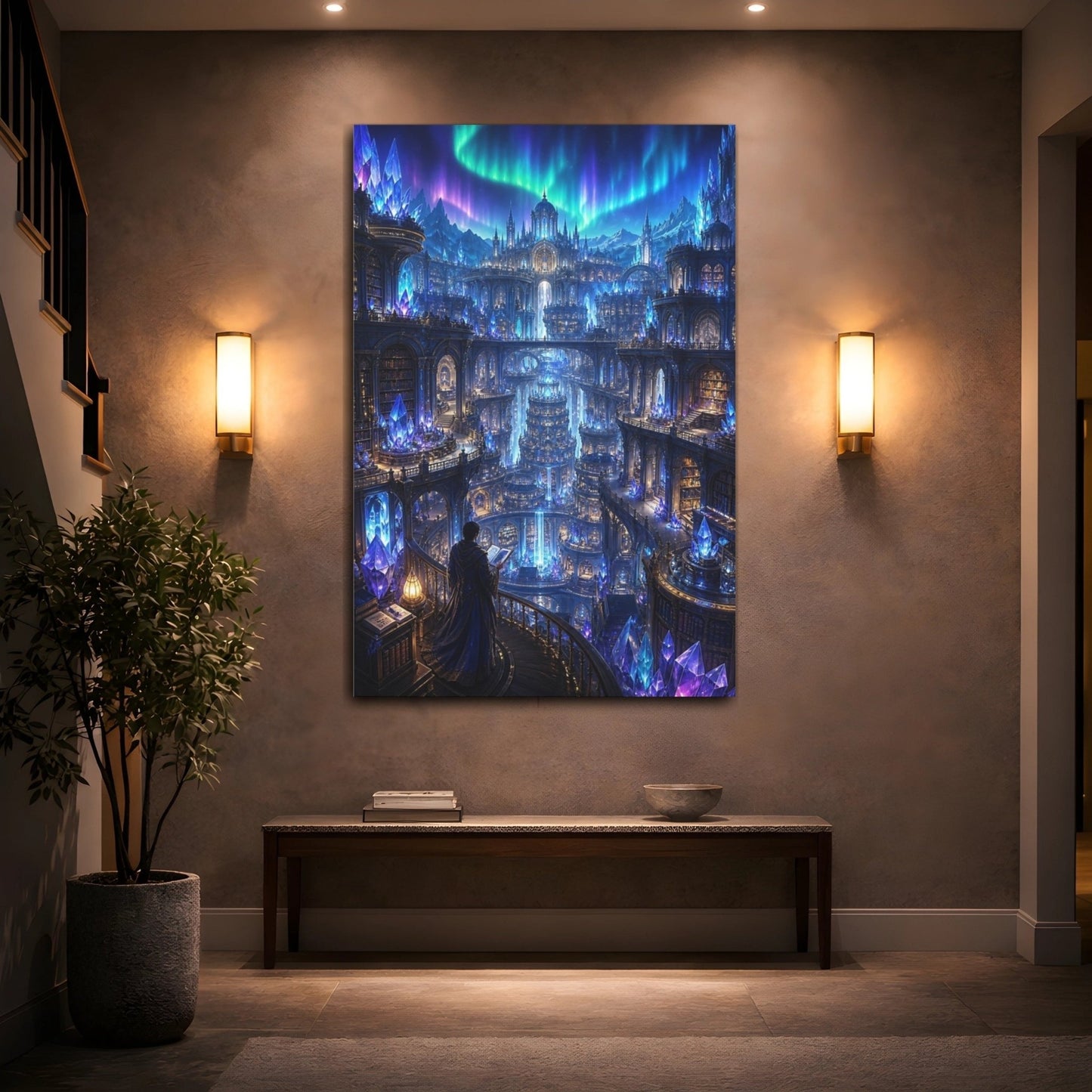 Fairytale Crystal City Blue Purple Canvas Print – Fantasy Living Room, Above Fireplace - YesArtYes