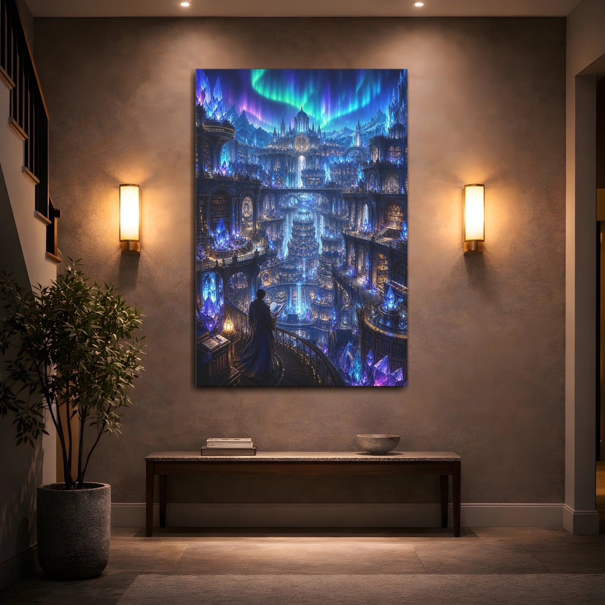 Fairytale Crystal City Blue Purple Canvas Print – Fantasy Living Room, Above Fireplace - YesArtYes