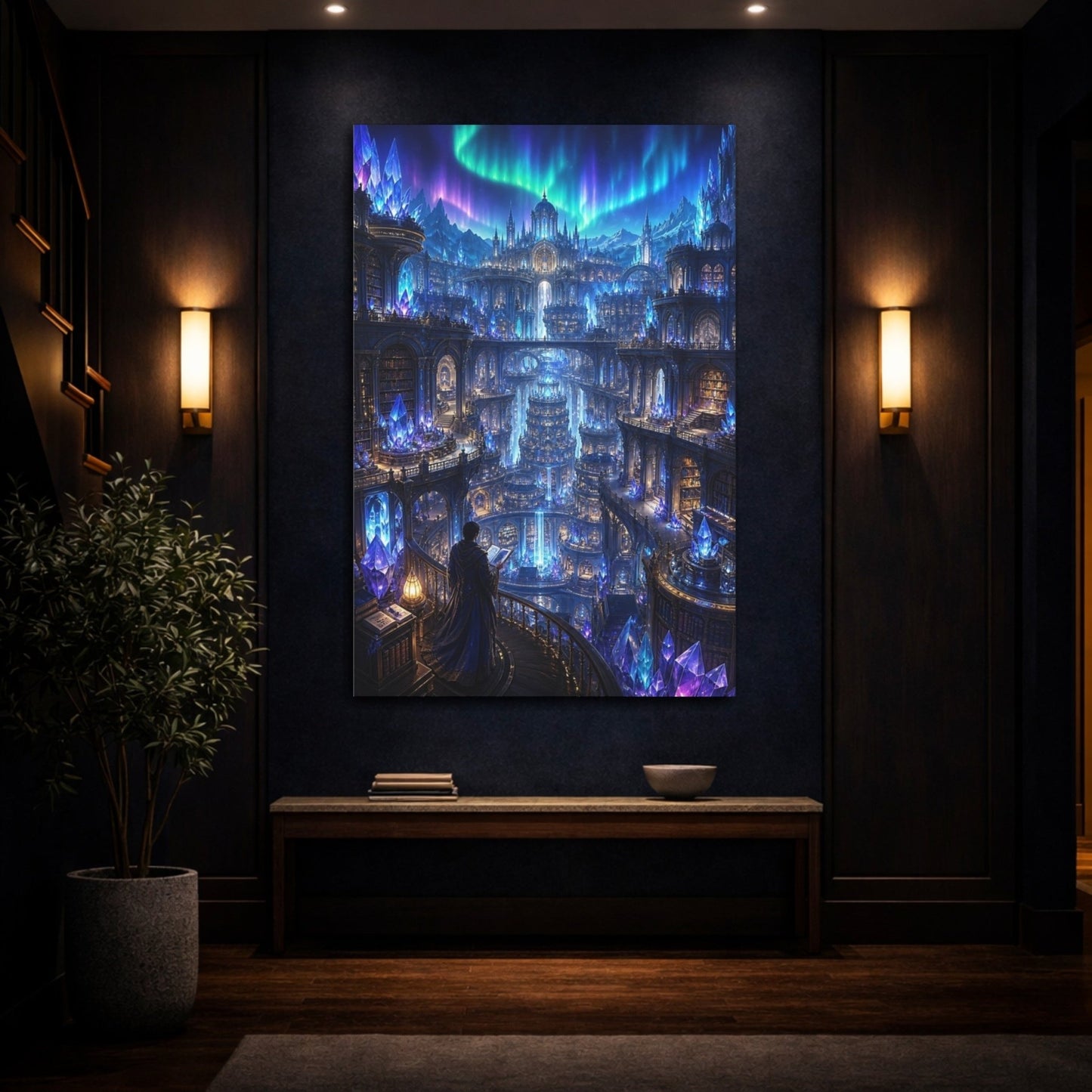 Fairytale Crystal City Blue Purple Canvas Print – Fantasy Living Room, Above Fireplace - YesArtYes