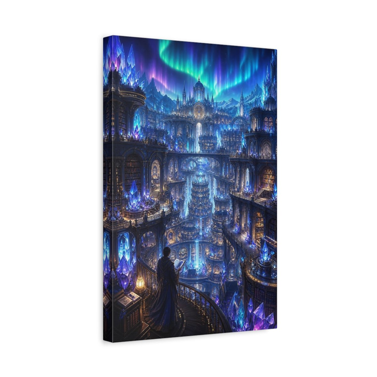 Fairytale Crystal City Blue Purple Canvas Print – Fantasy Living Room, Above Fireplace - YesArtYes