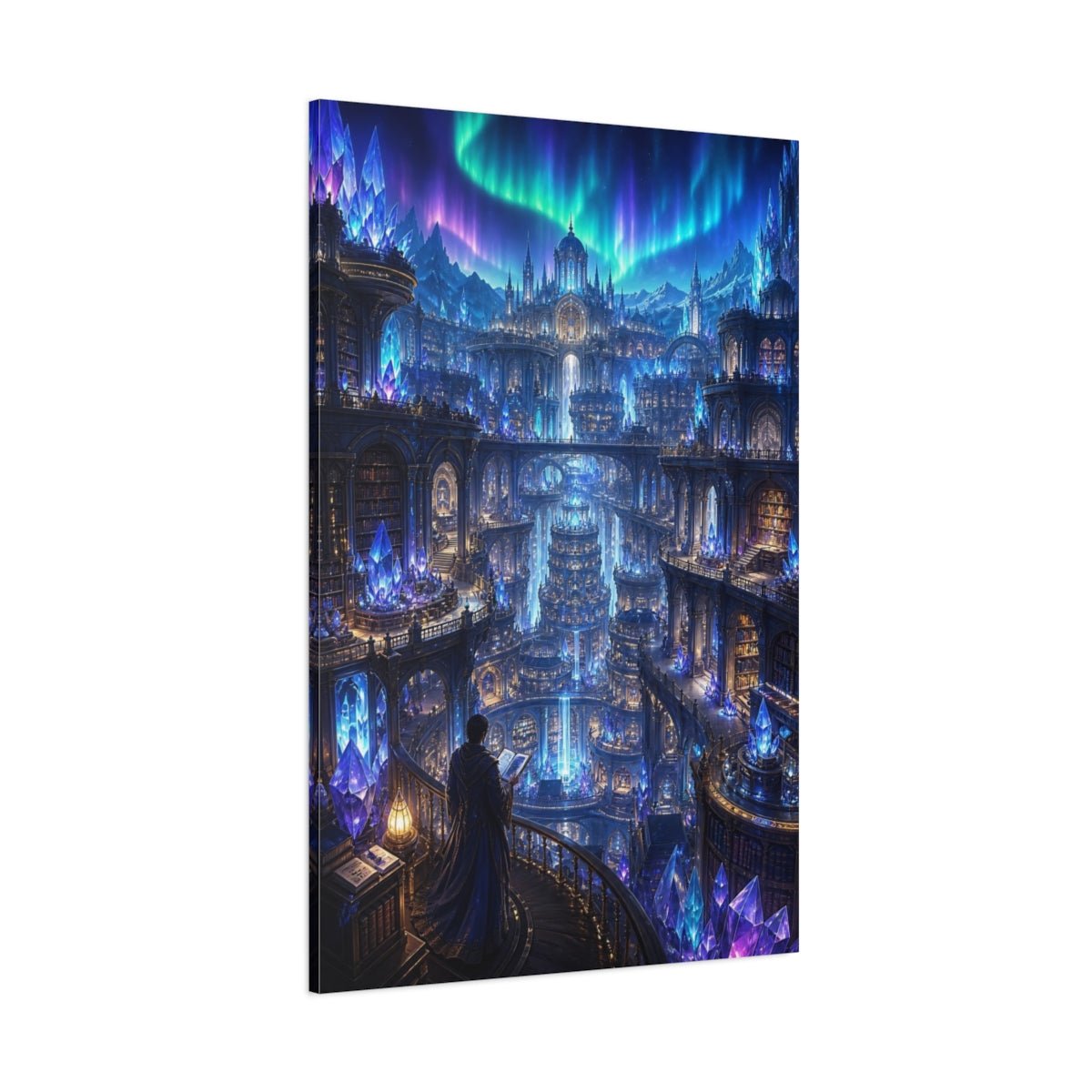 Fairytale Crystal City Blue Purple Canvas Print – Fantasy Living Room, Above Fireplace - YesArtYes