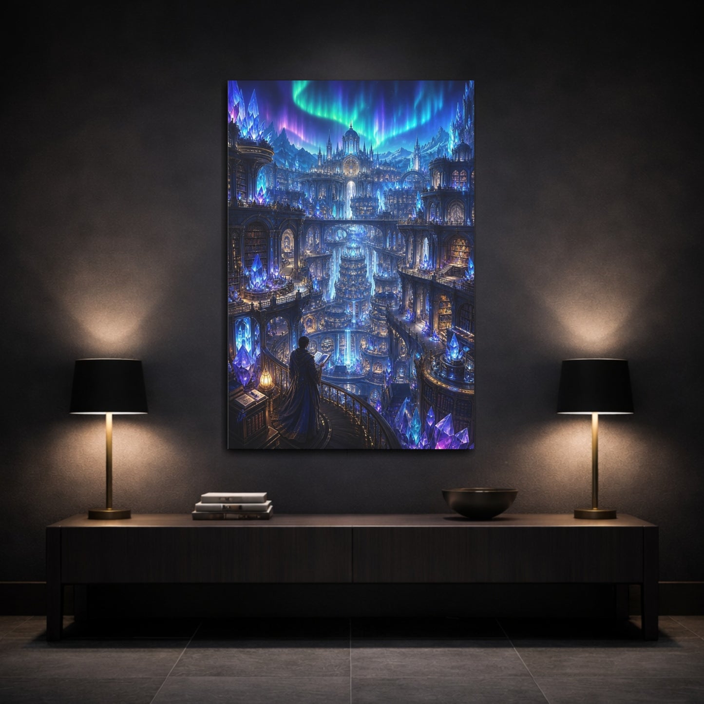 Mockup 3. Fairytale Crystal City Blue Purple City shown as stretched canvas wall art