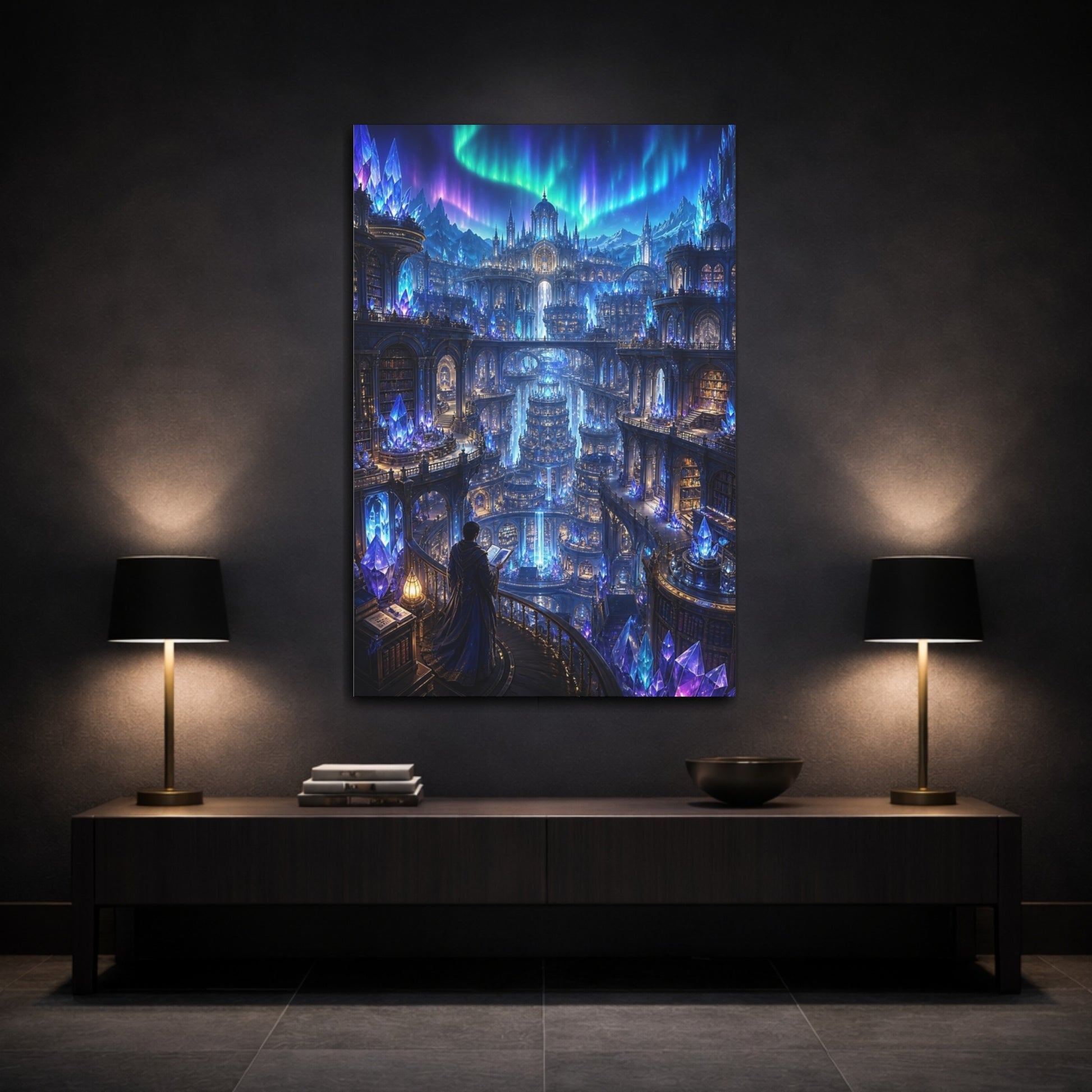 Mockup 3. Fairytale Crystal City Blue Purple City shown as stretched canvas wall art
