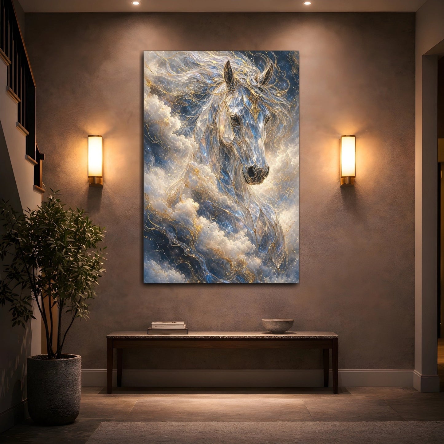 Fairytale Crystal Horse Blue Gold Canvas Print – Fantasy Living Room, Above Fireplace - YesArtYes