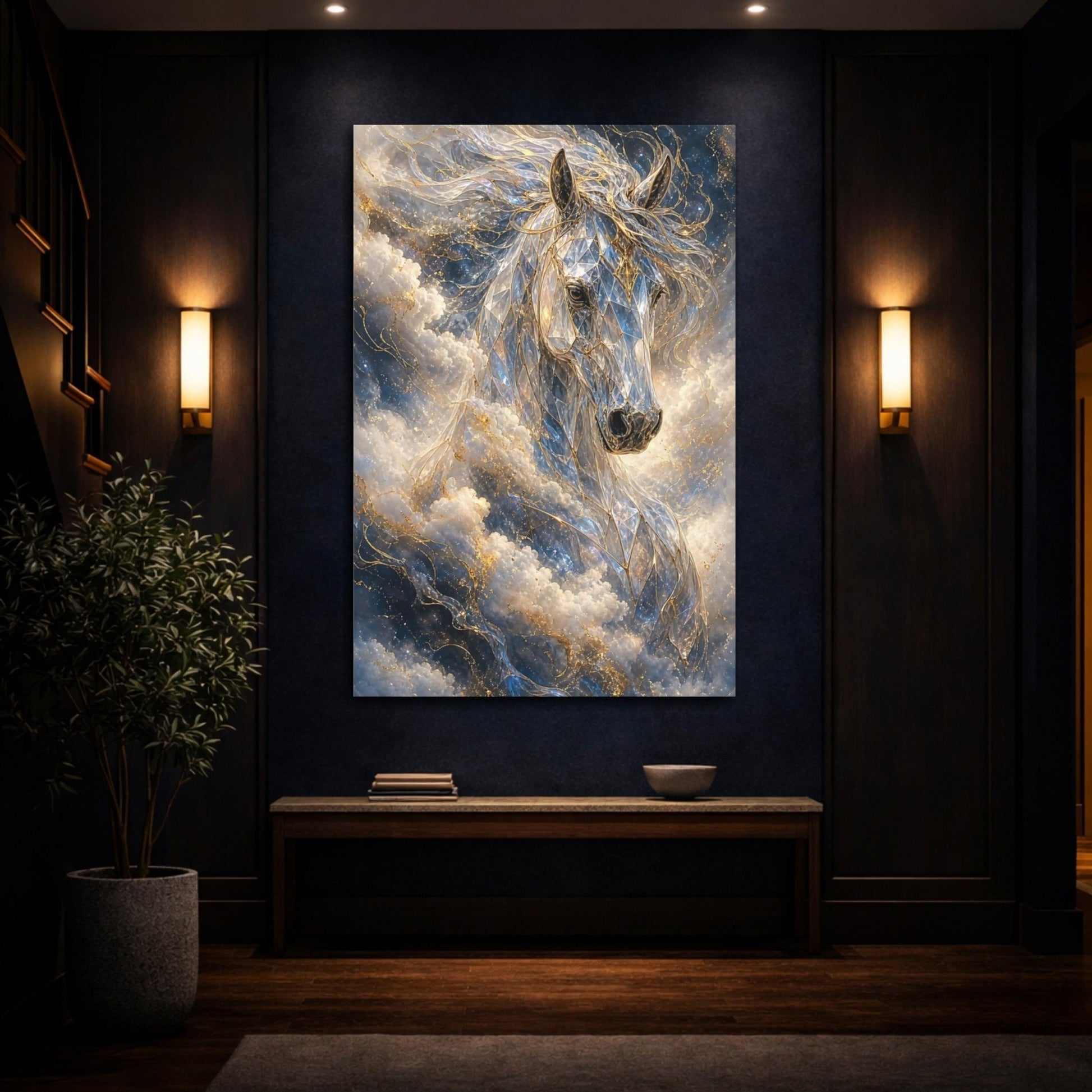 Fairytale Crystal Horse Blue Gold Canvas Print – Fantasy Living Room, Above Fireplace - YesArtYes