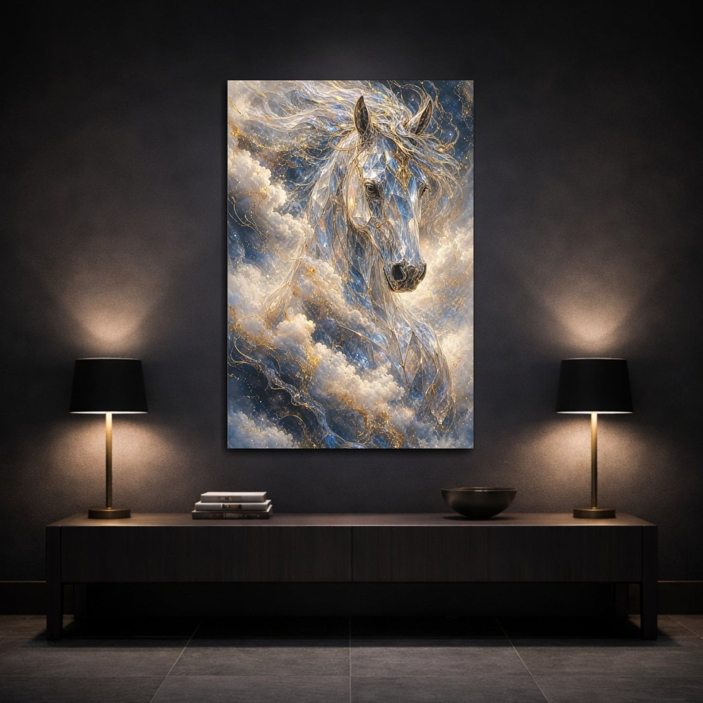 Fairytale Crystal Horse Blue Gold Canvas Print – Fantasy Living Room, Above Fireplace - YesArtYes