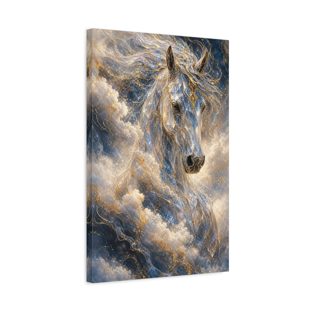 Side Mockup 3. Fairytale Crystal Horse Blue Gold Horse shown as stretched canvas wall art