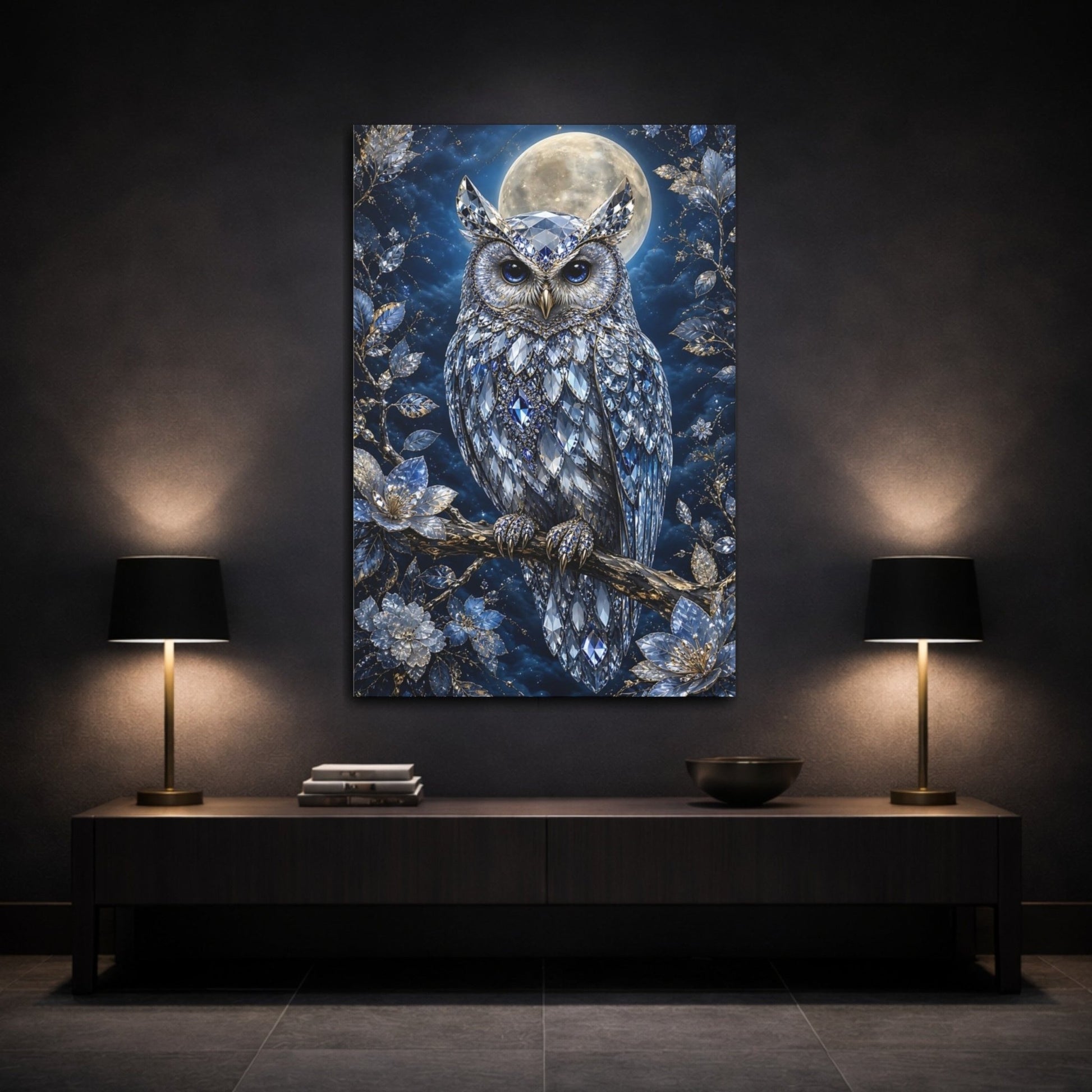 Fairytale Crystal Owl Blue Canvas Print – Luxury Decor for Living Room, Above Console Table - YesArtYes