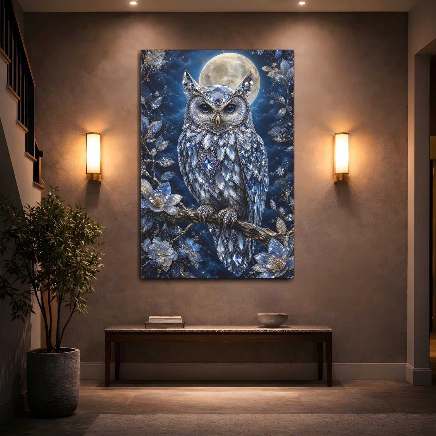 Fairytale Crystal Owl Blue Canvas Print – Luxury Decor for Living Room, Above Console Table - YesArtYes