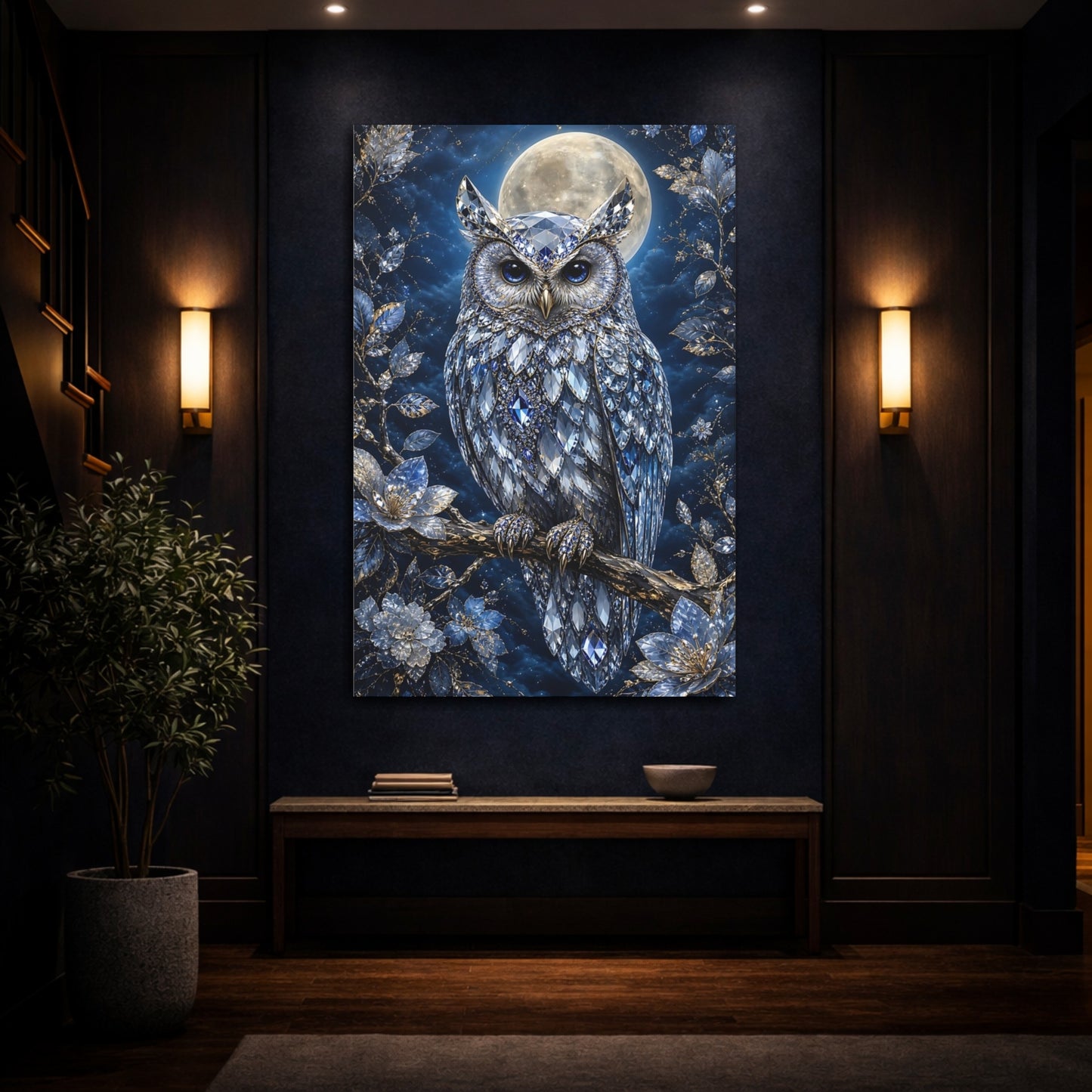 Mockup 4. Fairytale Crystal Owl Blue Crystal Owl shown as stretched canvas wall art