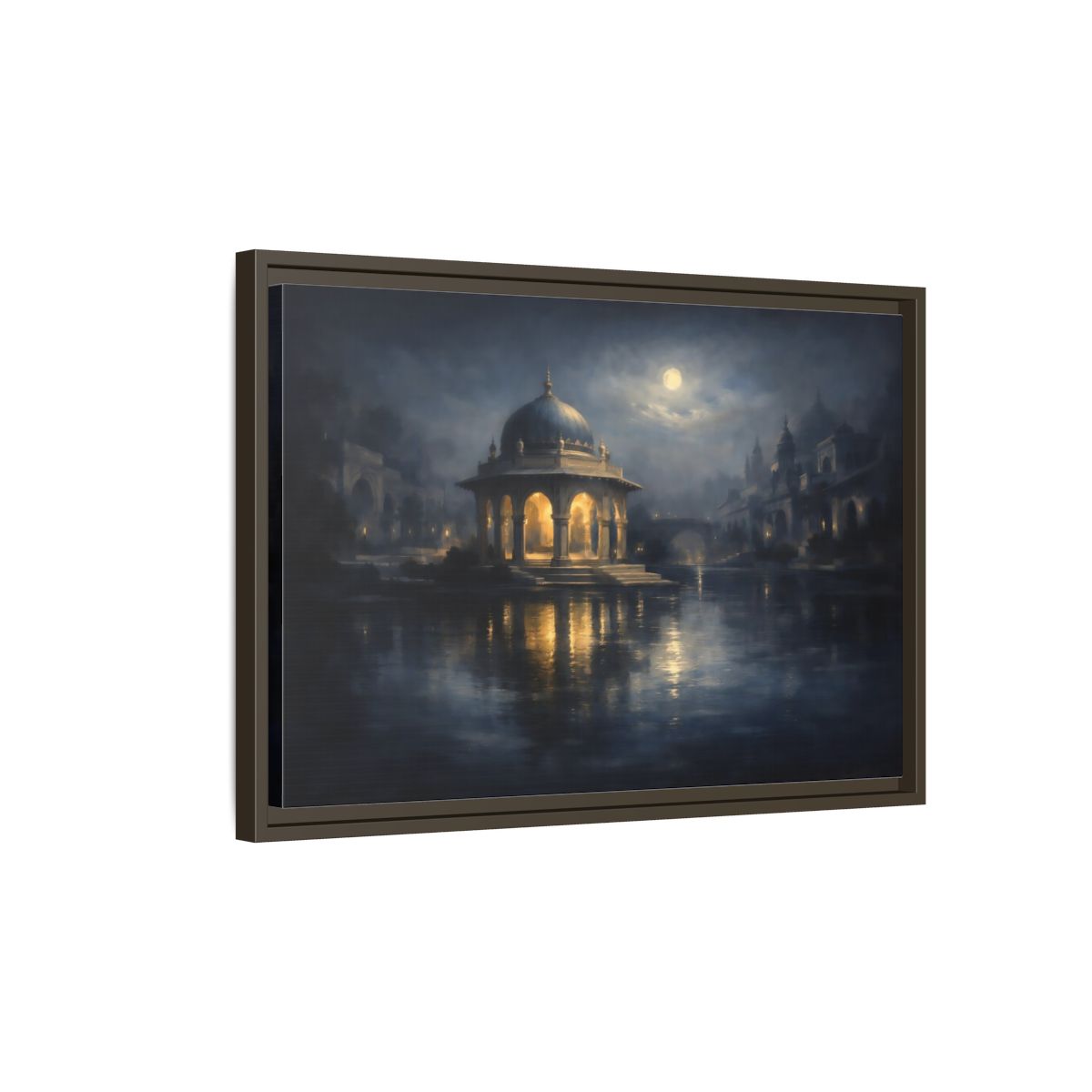 Side Mockup 2. Fairytale Domed Pavilion Blue And Gold shown as stretched canvas wall art