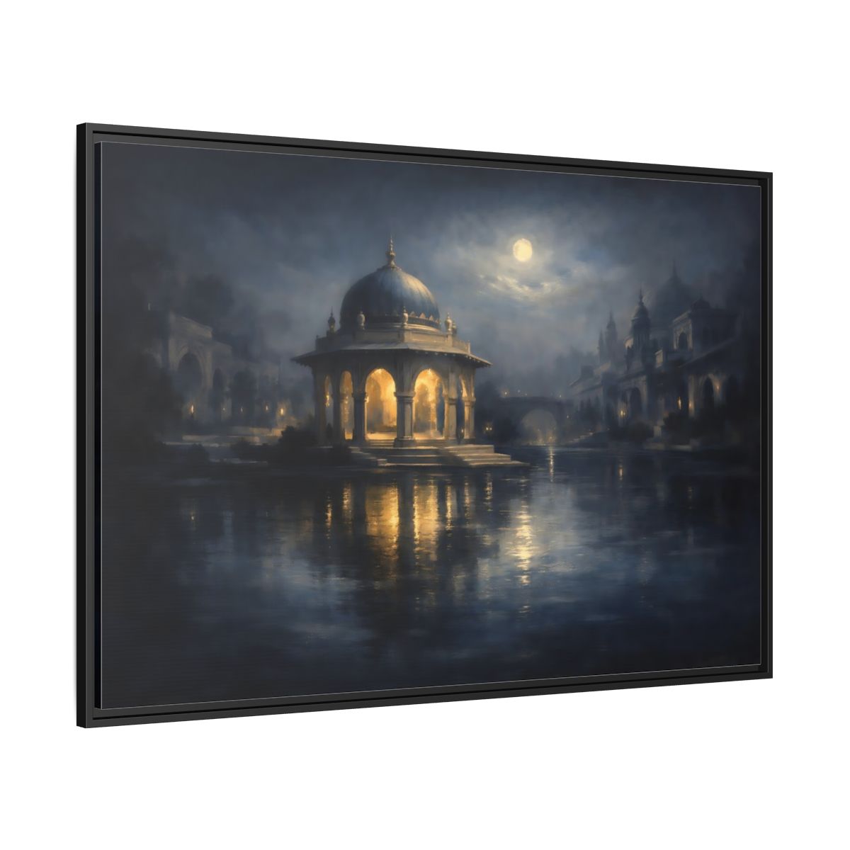 Side Mockup 12. Fairytale Domed Pavilion Blue And Gold shown as stretched canvas wall art