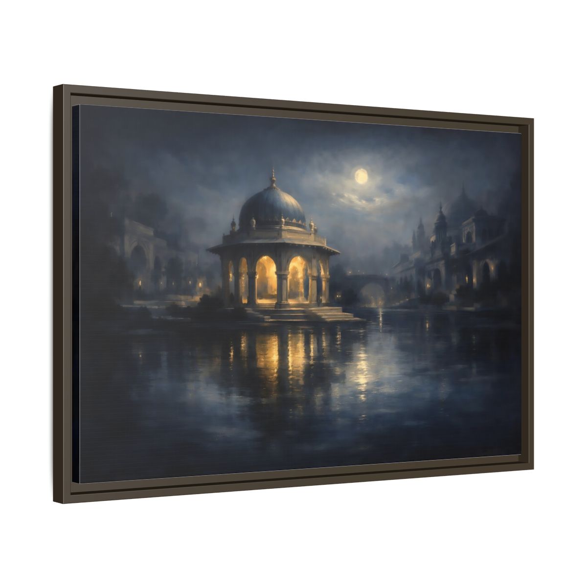Side Mockup 11. Fairytale Domed Pavilion Blue And Gold shown as stretched canvas wall art