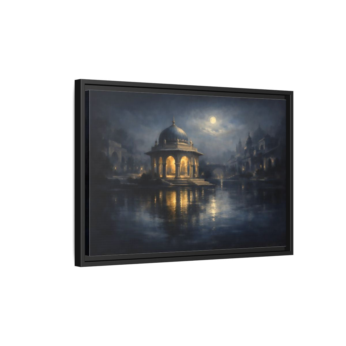 Side Mockup 3. Fairytale Domed Pavilion Blue And Gold shown as stretched canvas wall art