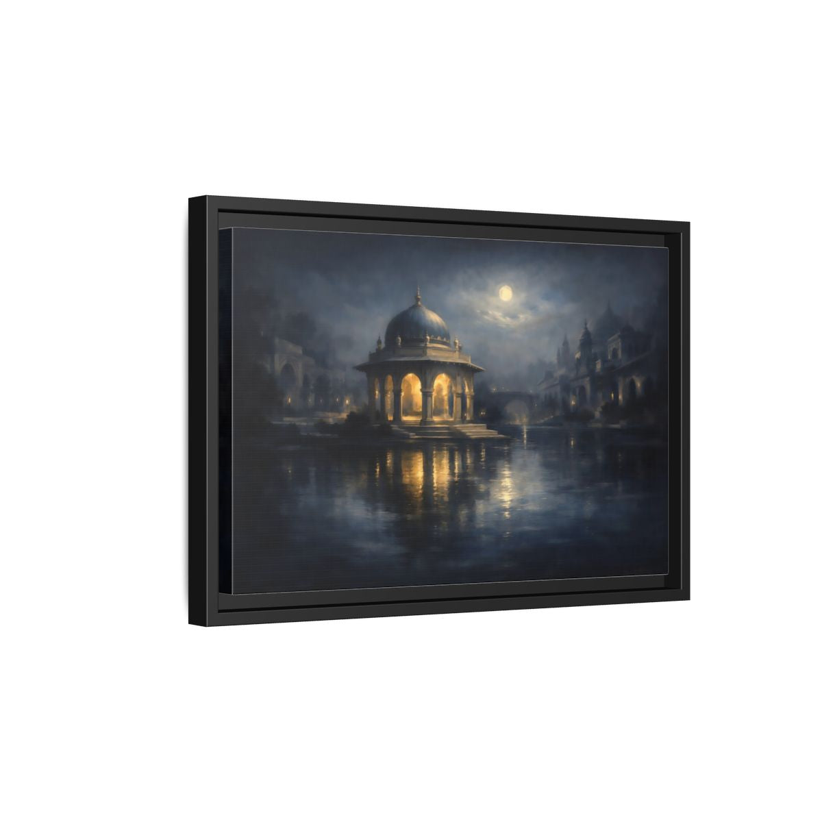 Side Mockup 6. Fairytale Domed Pavilion Blue And Gold shown as stretched canvas wall art
