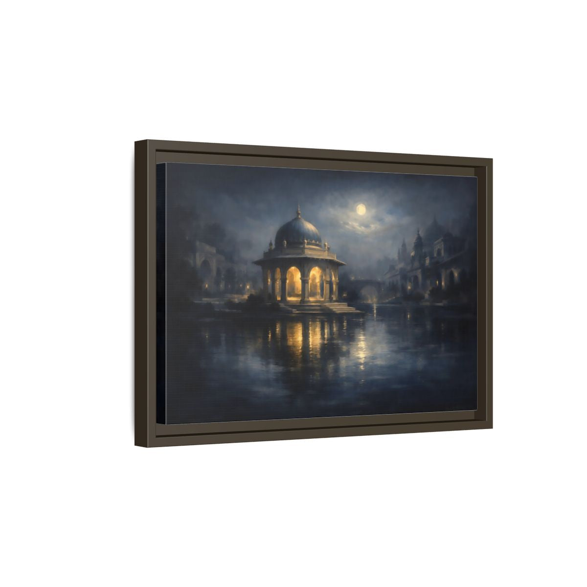 Side Mockup 5. Fairytale Domed Pavilion Blue And Gold shown as stretched canvas wall art
