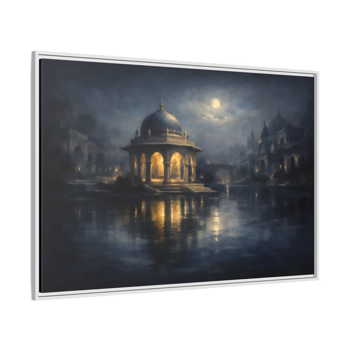 Side Mockup 7. Fairytale Domed Pavilion Blue And Gold shown as stretched canvas wall art