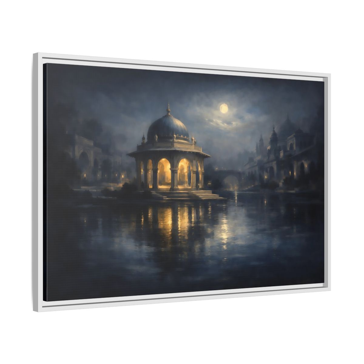 Side Mockup 8. Fairytale Domed Pavilion Blue And Gold shown as stretched canvas wall art