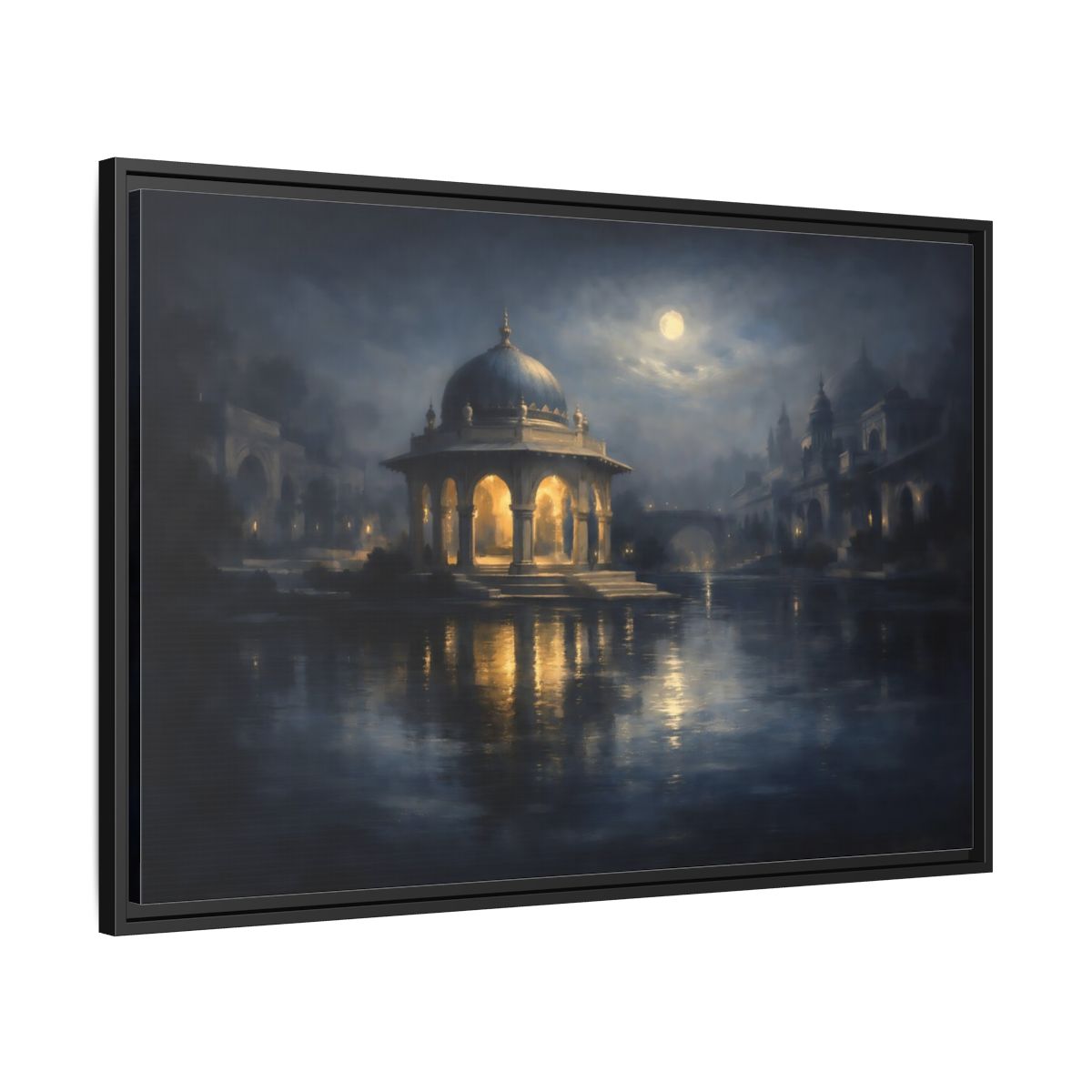 Side Mockup 13. Fairytale Domed Pavilion Blue And Gold shown as stretched canvas wall art