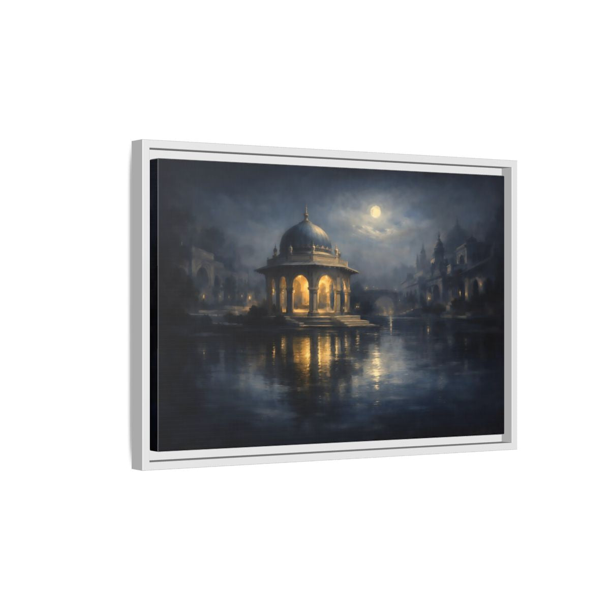 Side Mockup 1. Fairytale Domed Pavilion Blue And Gold shown as stretched canvas wall art
