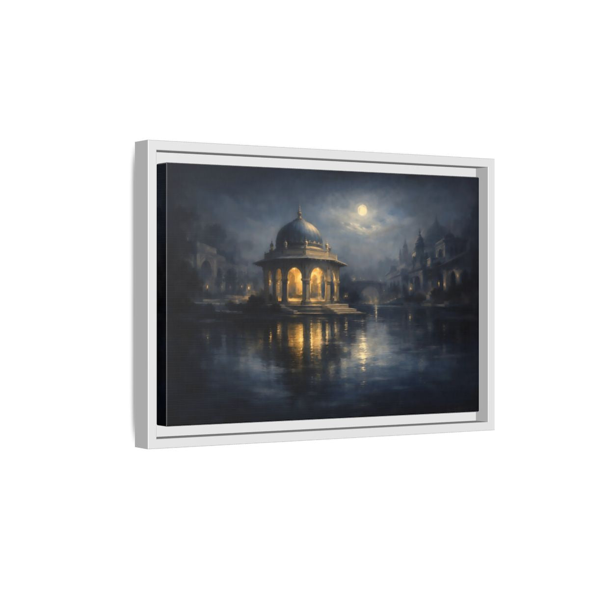 Side Mockup 4. Fairytale Domed Pavilion Blue And Gold shown as stretched canvas wall art