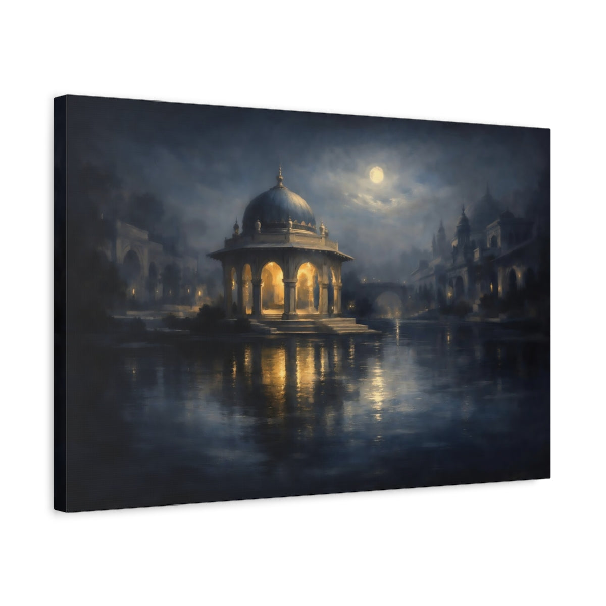 Side Mockup 3. Fairytale Domed Pavilion Blue And Gold Night shown as stretched canvas wall art
