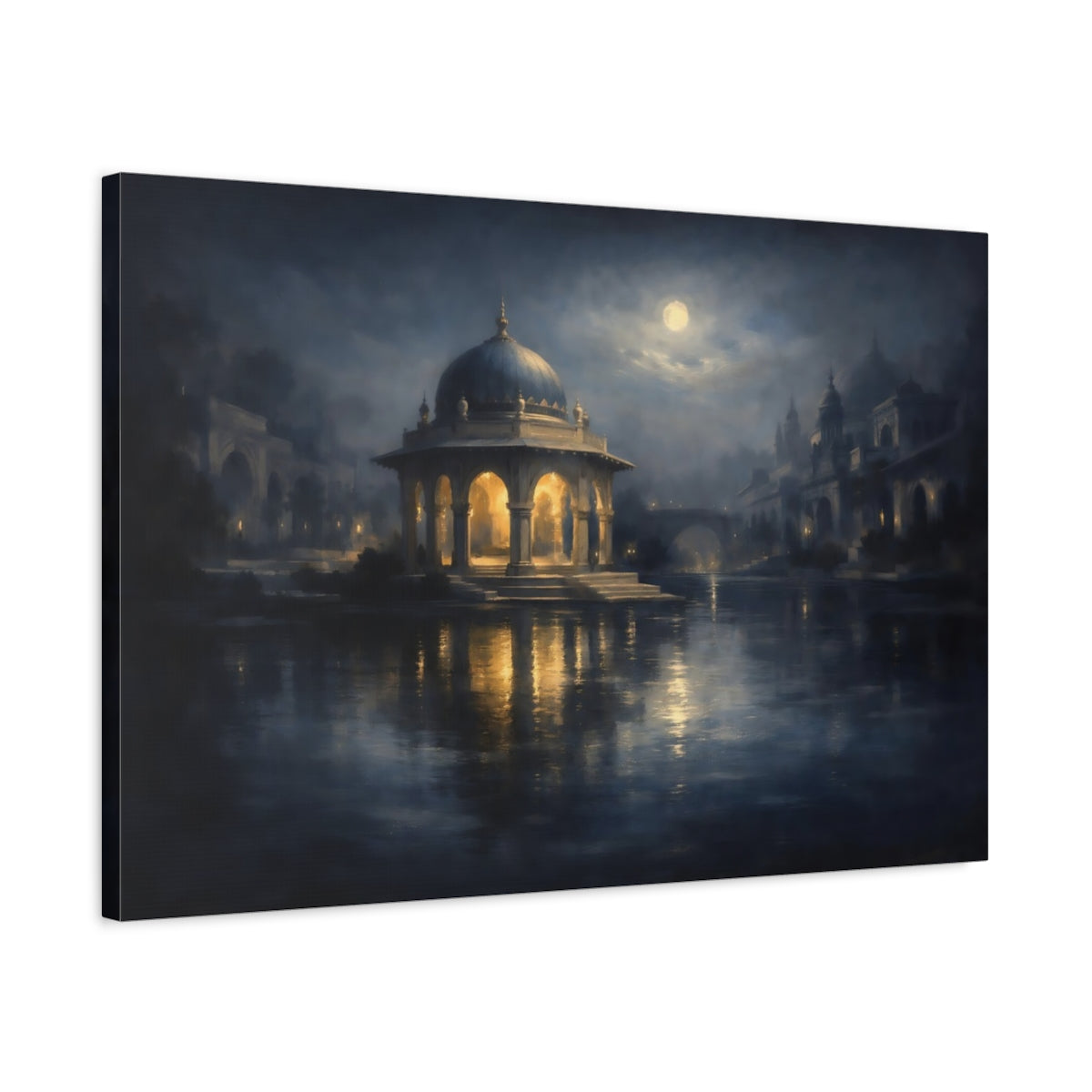 Side Mockup 2. Fairytale Domed Pavilion Blue And Gold Night shown as stretched canvas wall art