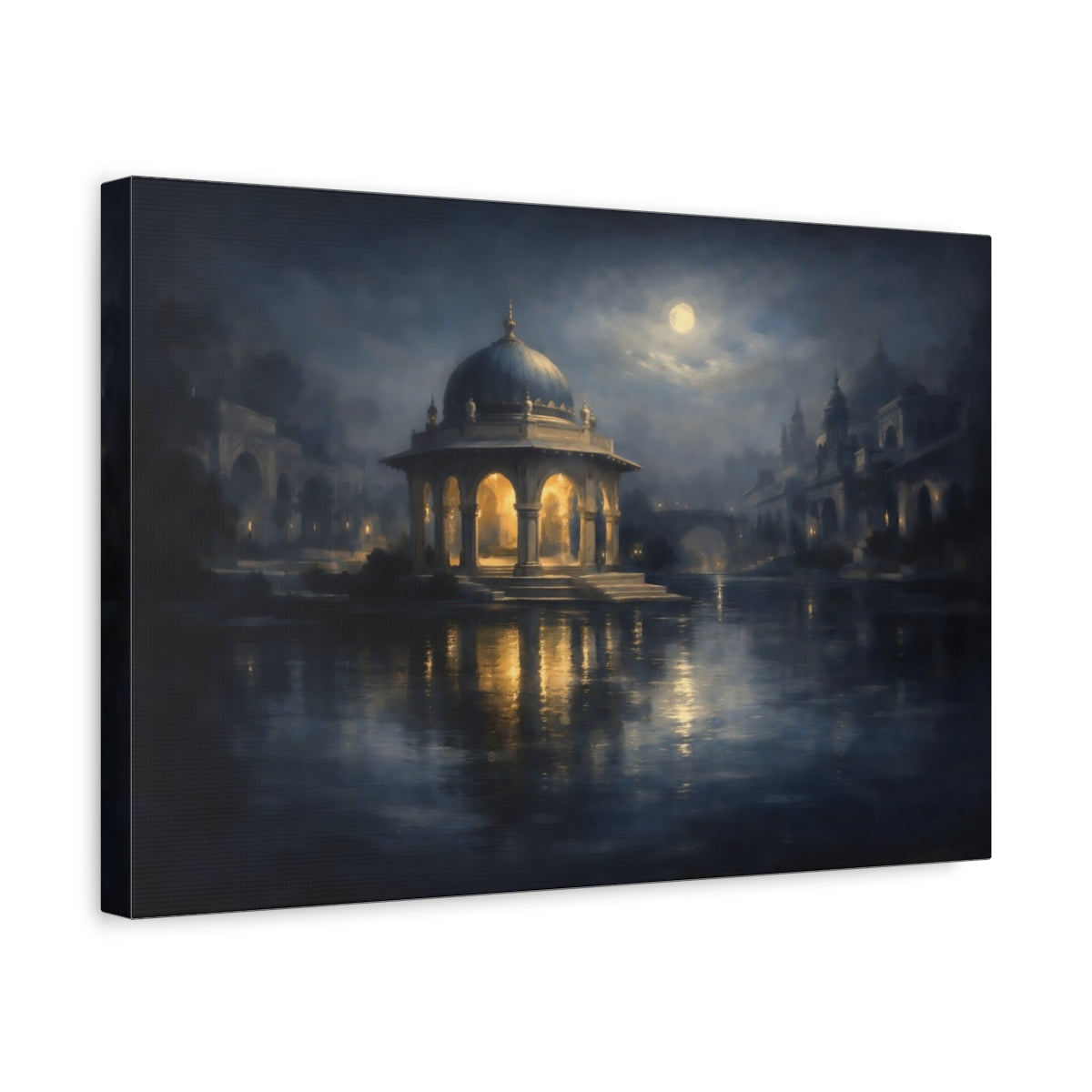 Side Mockup 4. Fairytale Domed Pavilion Blue And Gold Night shown as stretched canvas wall art