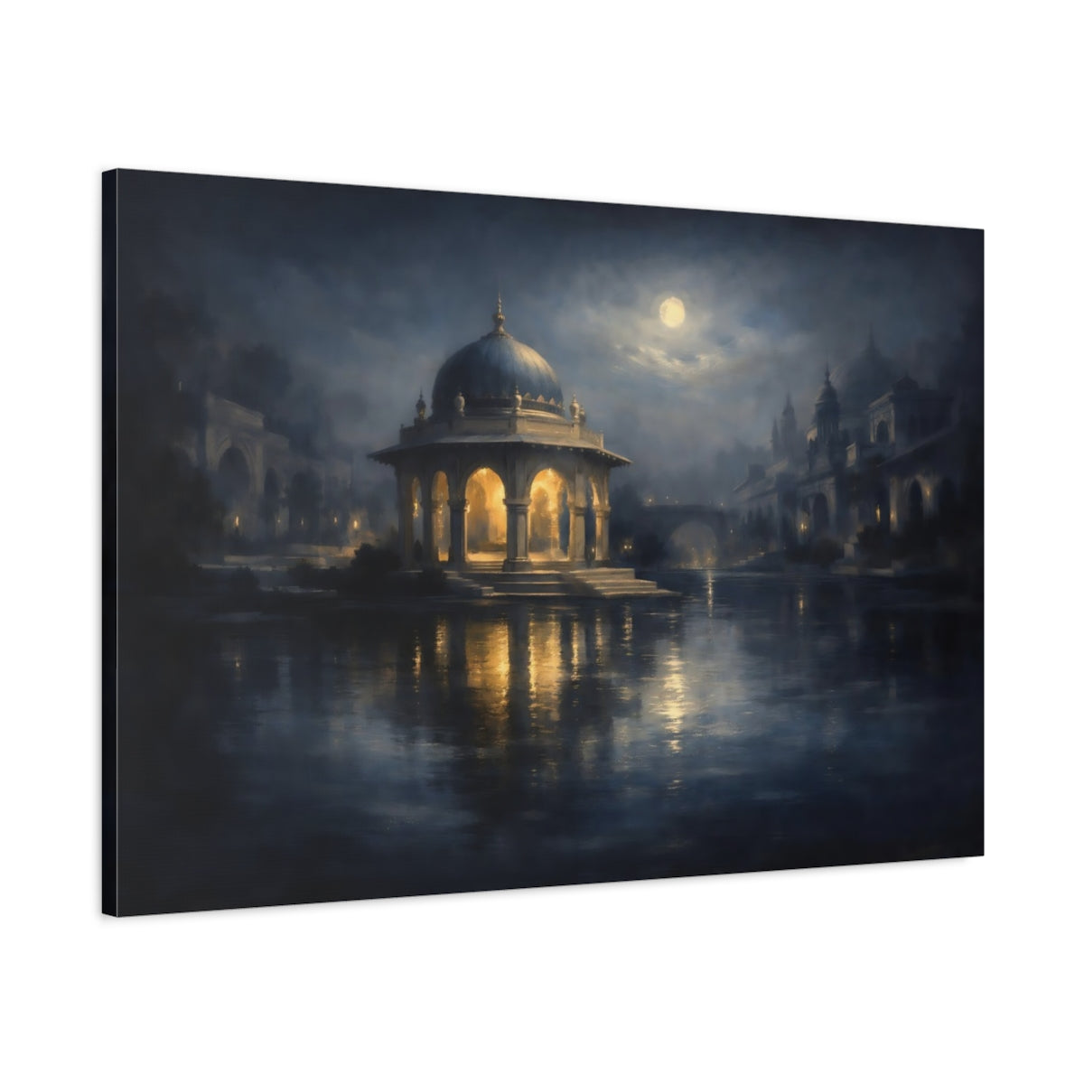 Side Mockup 1. Fairytale Domed Pavilion Blue And Gold Night shown as stretched canvas wall art