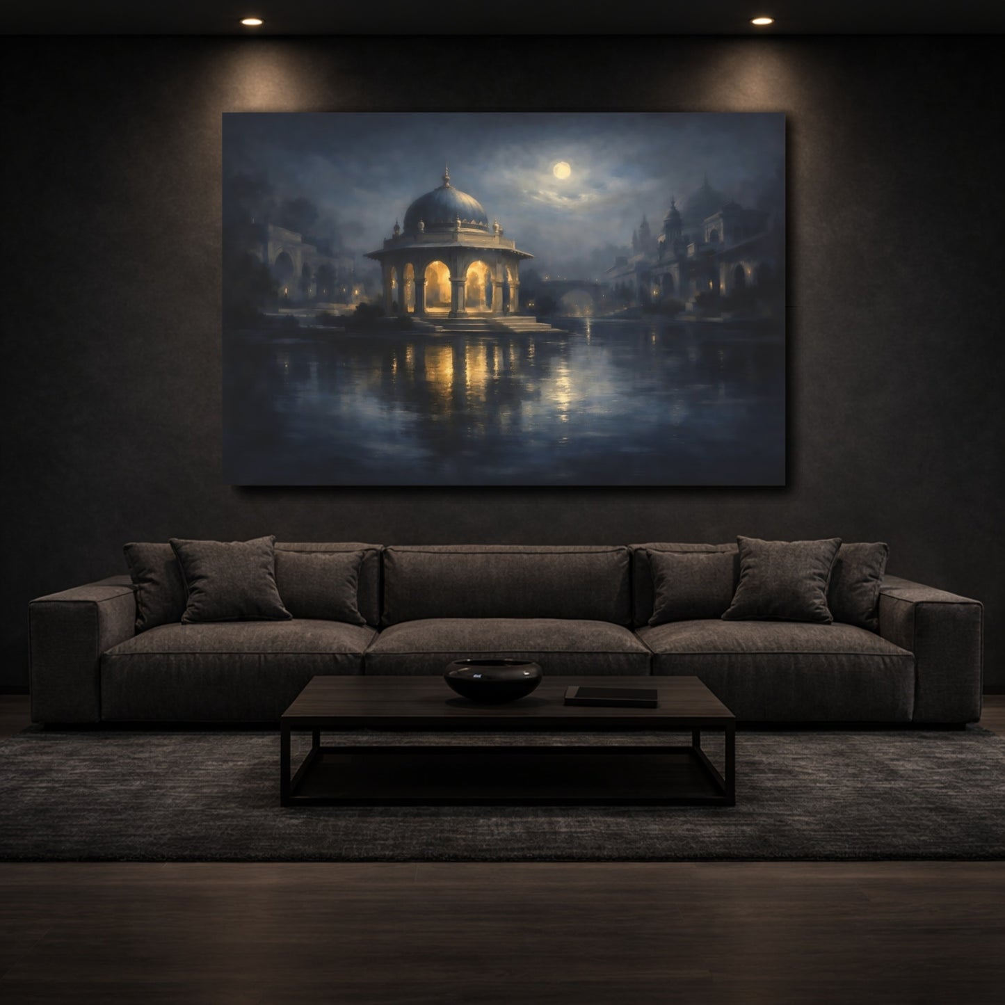 Mockup 2. Fairytale Domed Pavilion Blue And Gold Night shown as stretched canvas wall art