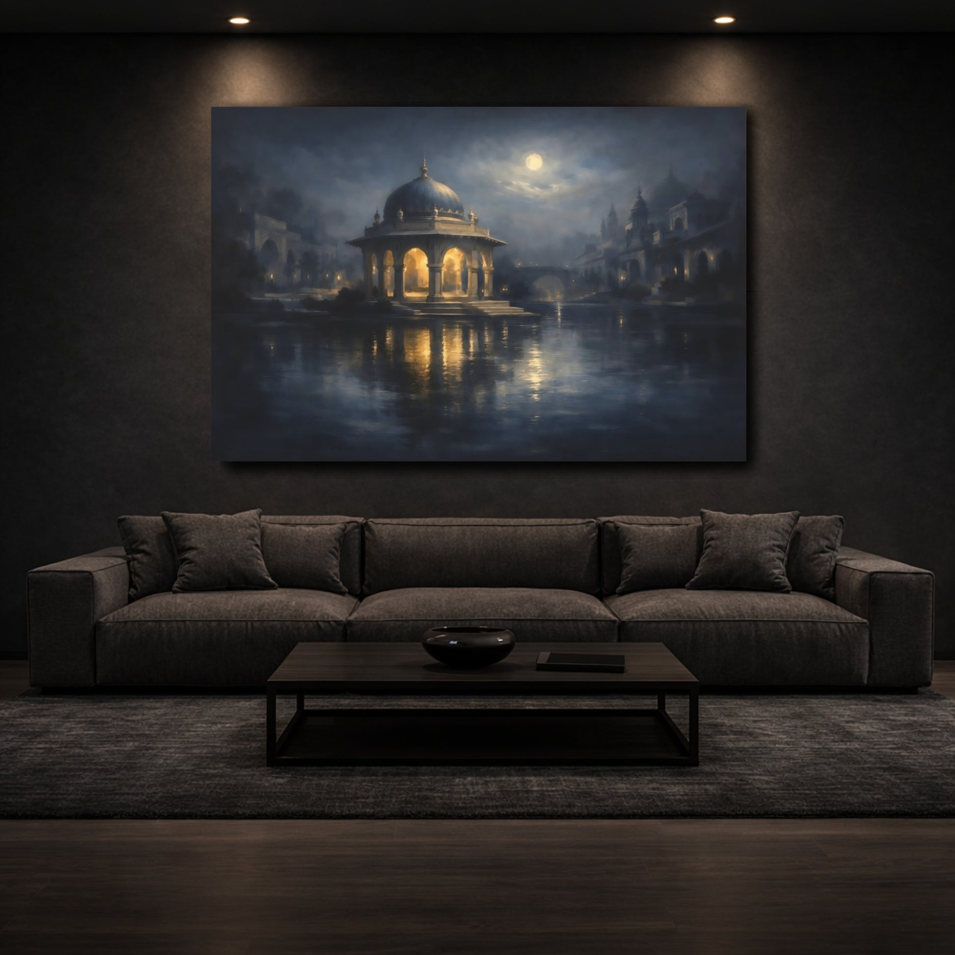Mockup 2. Fairytale Domed Pavilion Blue And Gold Night shown as stretched canvas wall art