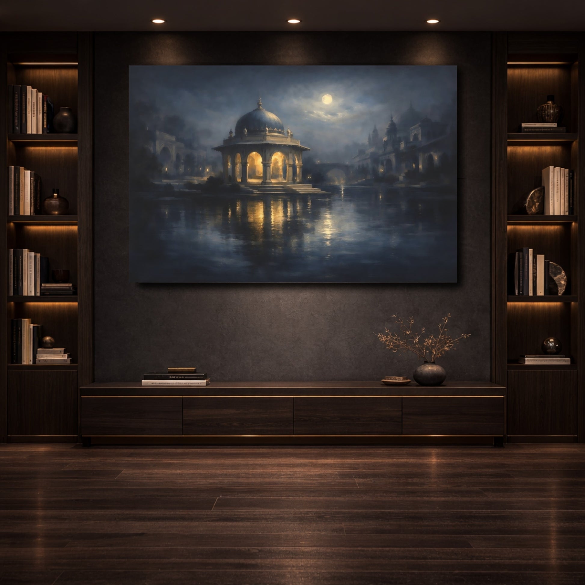 Mockup 3. Fairytale Domed Pavilion Blue And Gold Night shown as stretched canvas wall art