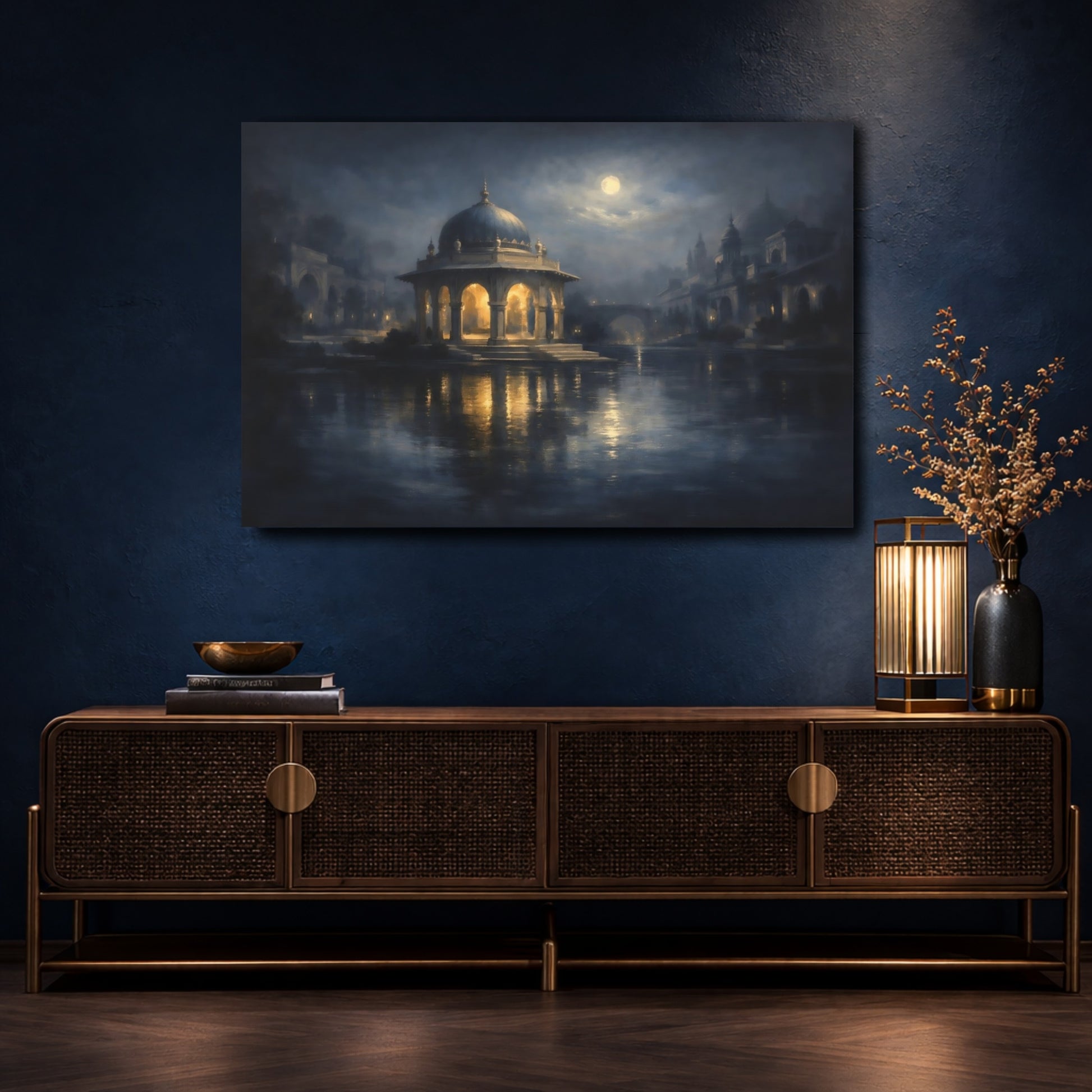 Mockup 4. Fairytale Domed Pavilion Blue And Gold Night shown as stretched canvas wall art
