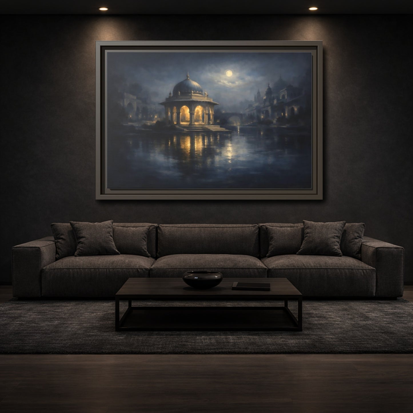 Mockup 2. Fairytale Domed Pavilion Blue And Gold shown as stretched canvas wall art
