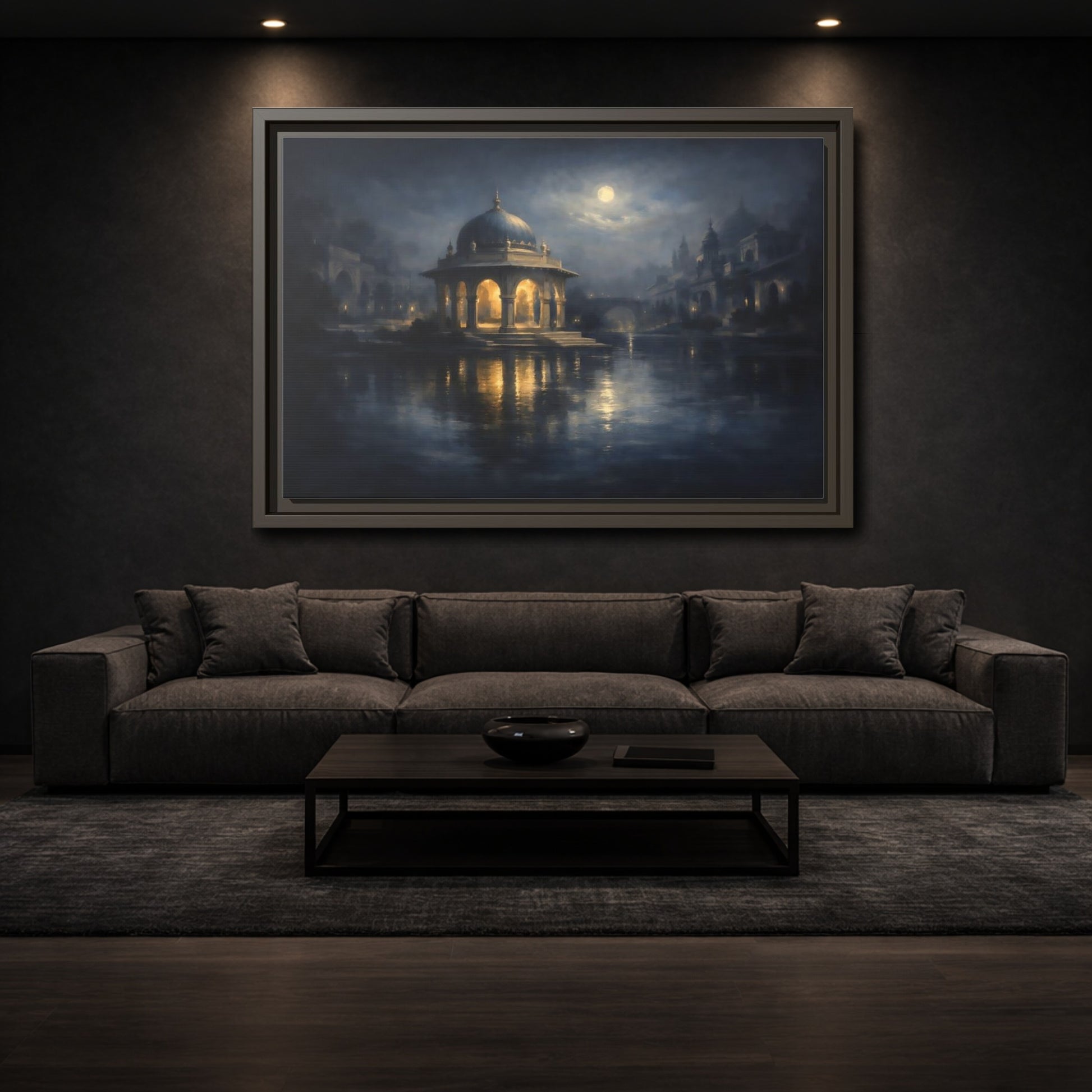 Mockup 2. Fairytale Domed Pavilion Blue And Gold shown as stretched canvas wall art