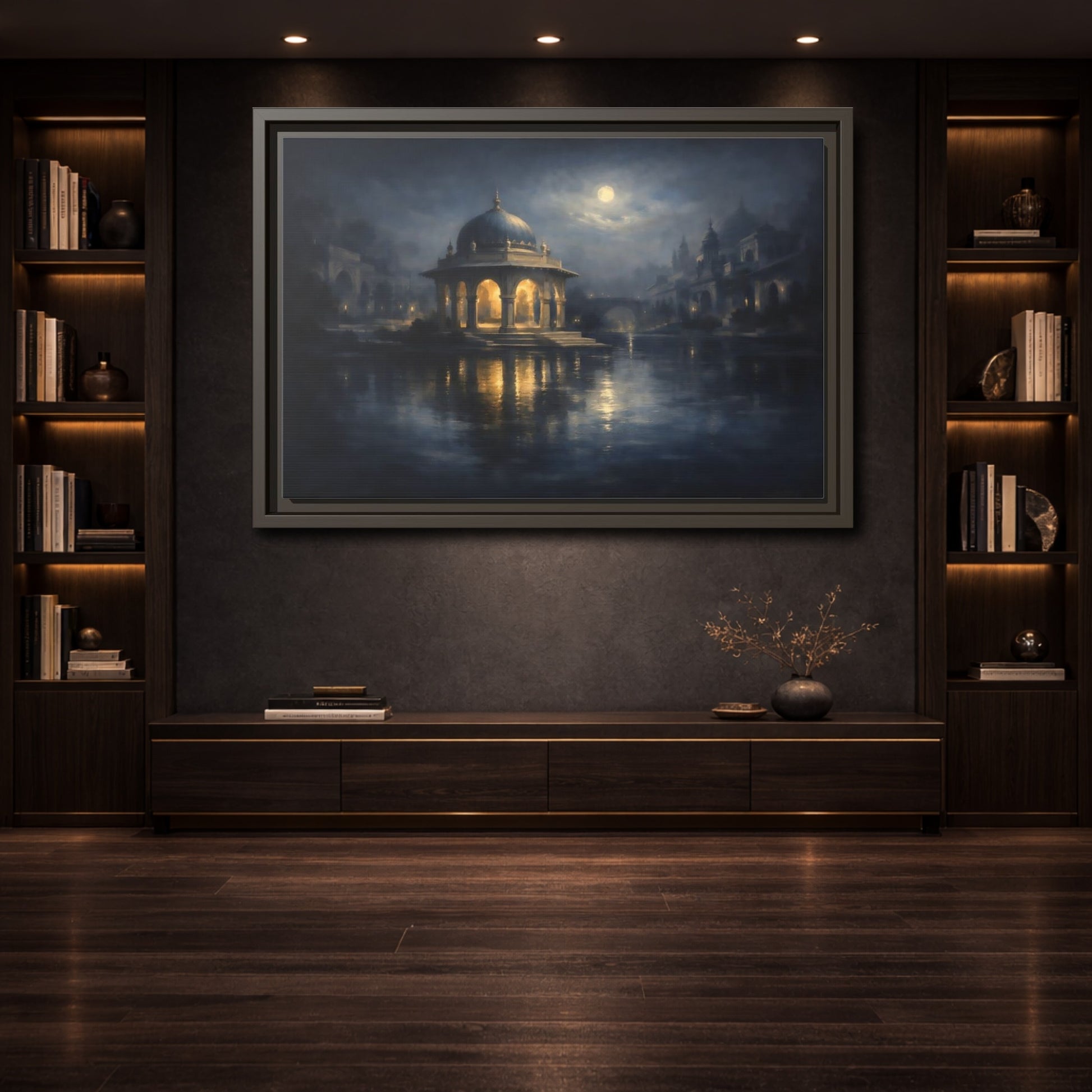 Mockup 3. Fairytale Domed Pavilion Blue And Gold shown as stretched canvas wall art